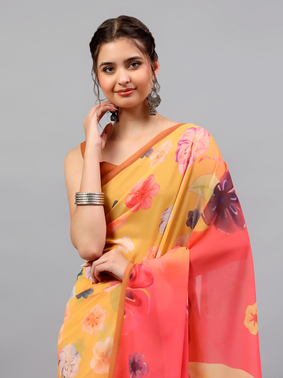 Samantha Amber Yellow Faux Georgette Saree | Ethnic Geometric Print