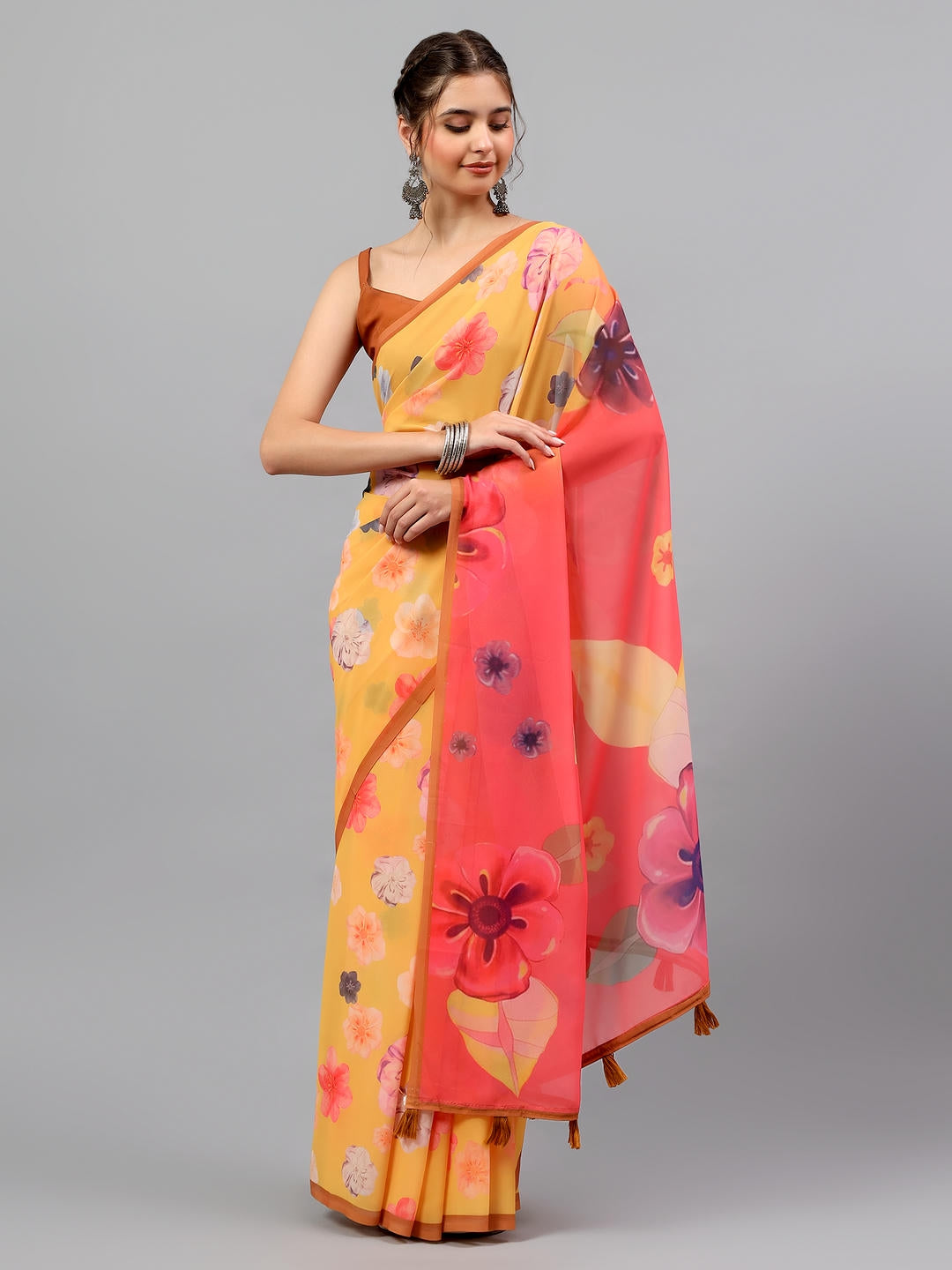 Samantha Amber Yellow Faux Georgette Saree | Ethnic Geometric Print