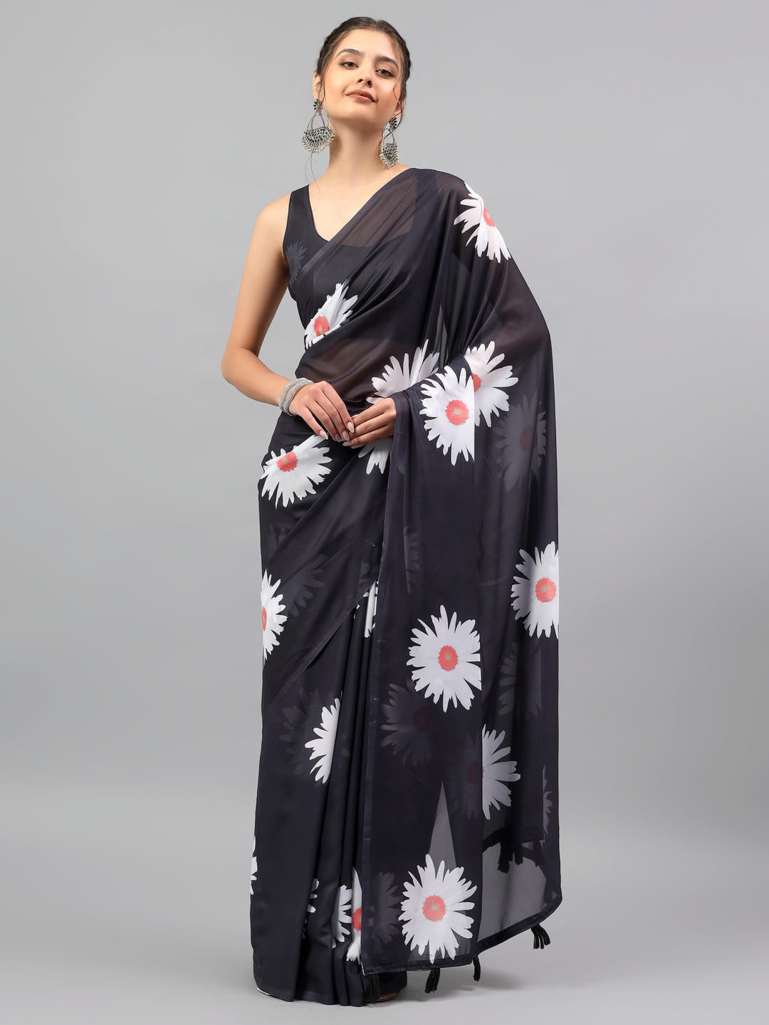 Samantha Bold Black Faux Georgette Saree | Ethnic Geometric Print