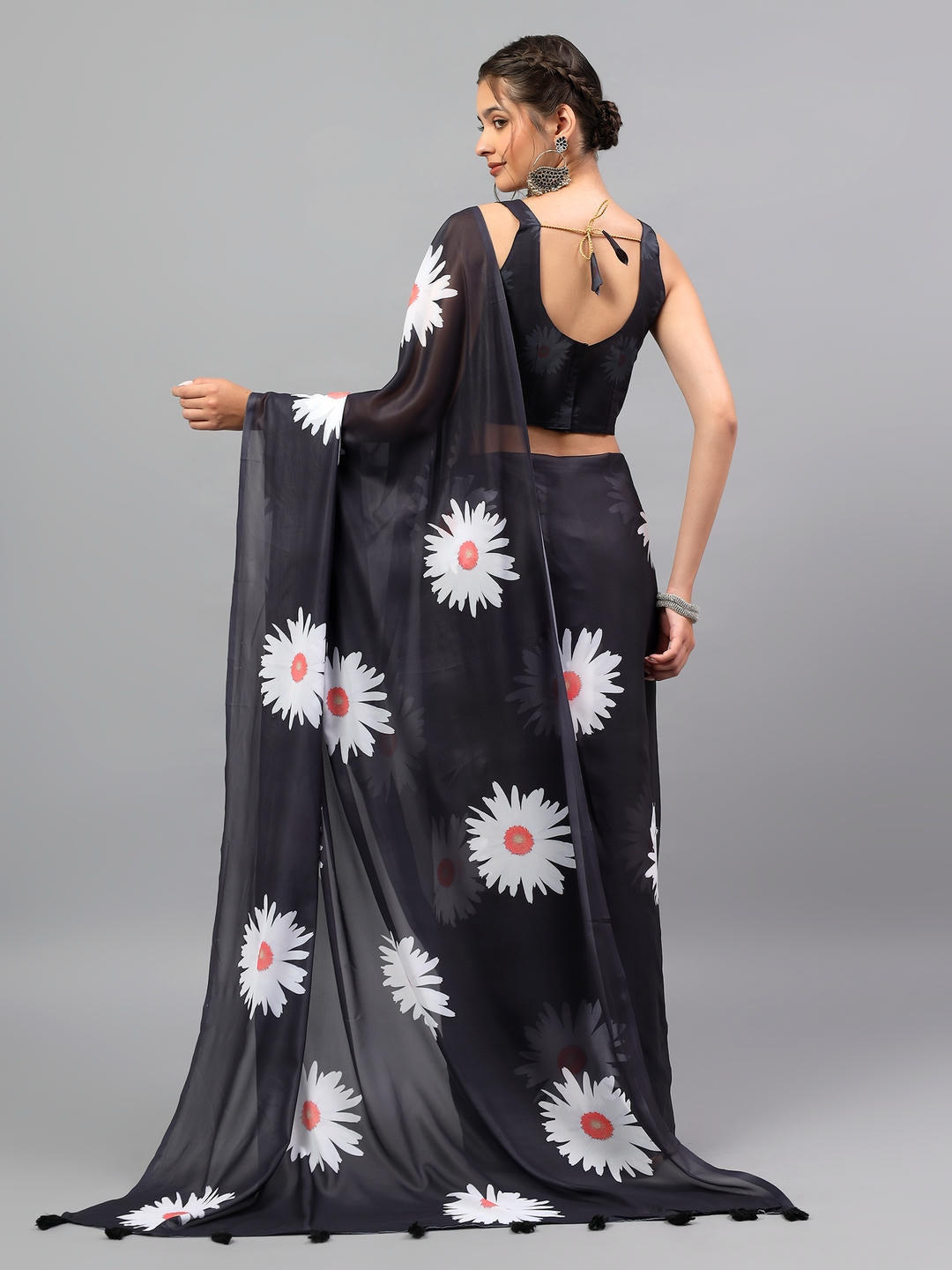 Samantha Bold Black Faux Georgette Saree | Ethnic Geometric Print