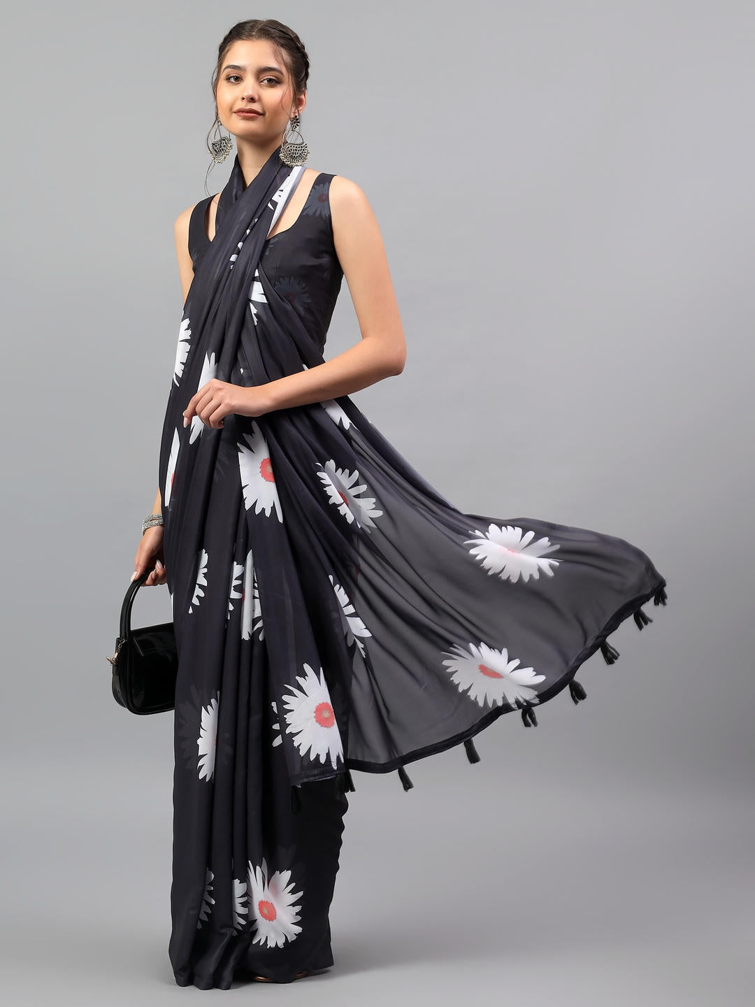Samantha Bold Black Faux Georgette Saree | Ethnic Geometric Print