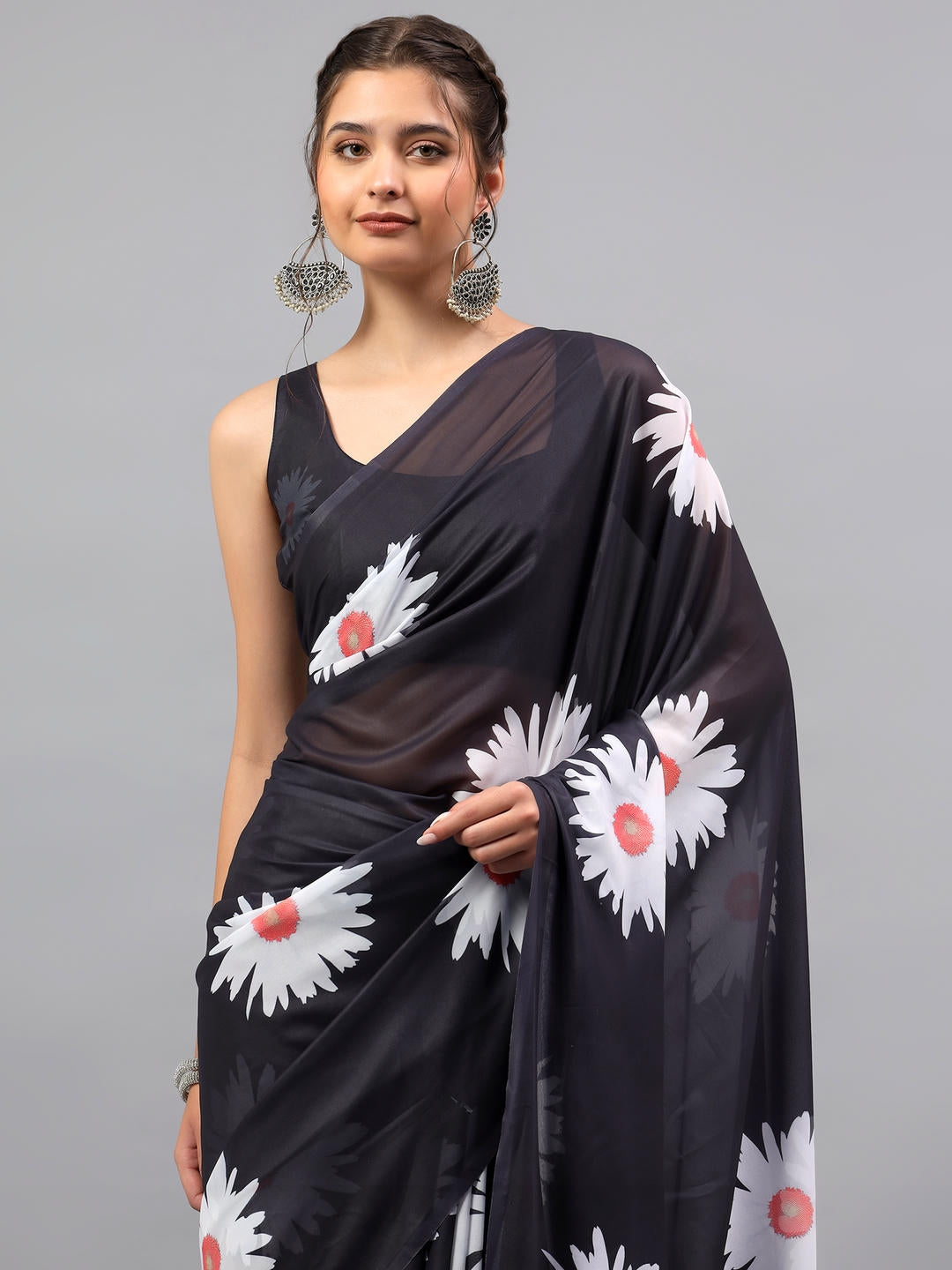 Samantha Bold Black Faux Georgette Saree | Ethnic Geometric Print