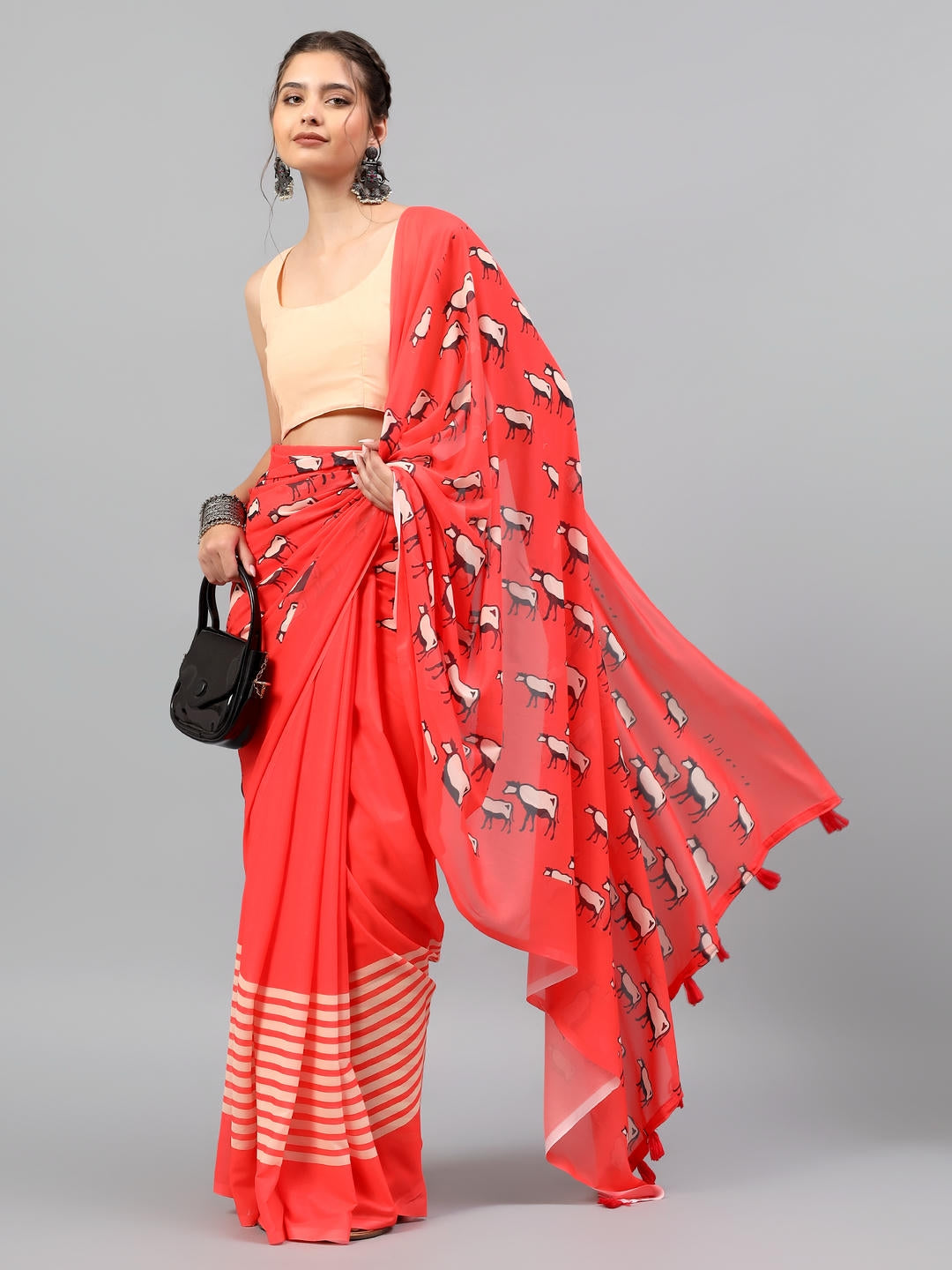 Samantha Classic Red Faux Georgette Saree | Ethnic Geometric Print