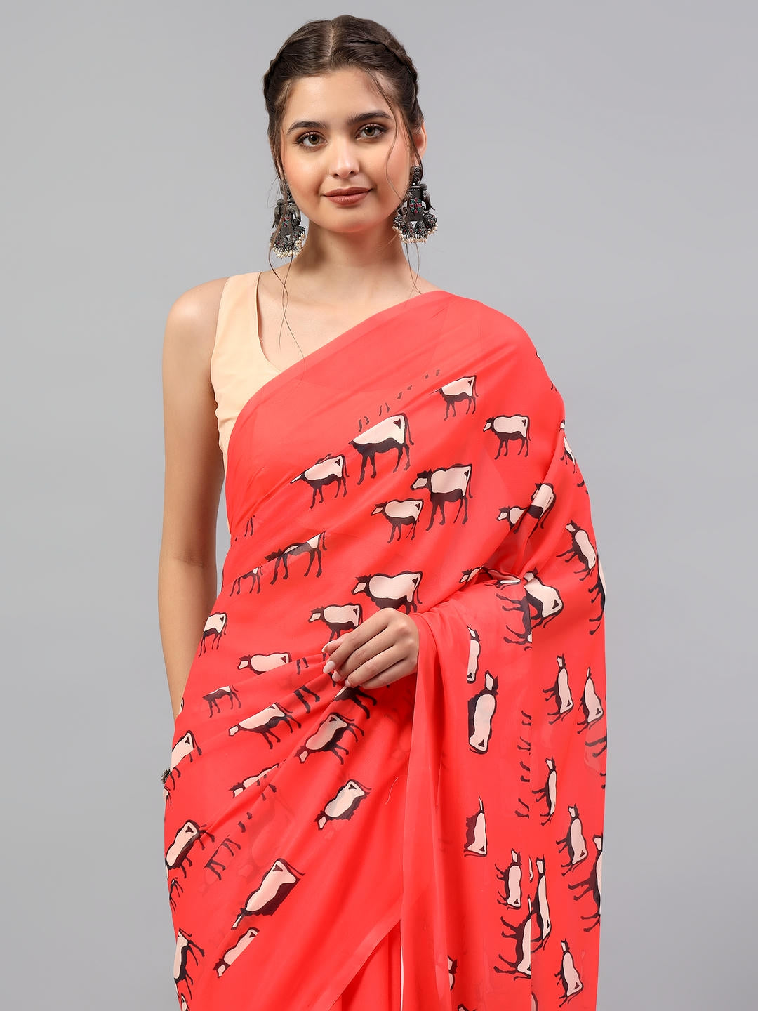 Samantha Classic Red Faux Georgette Saree | Ethnic Geometric Print