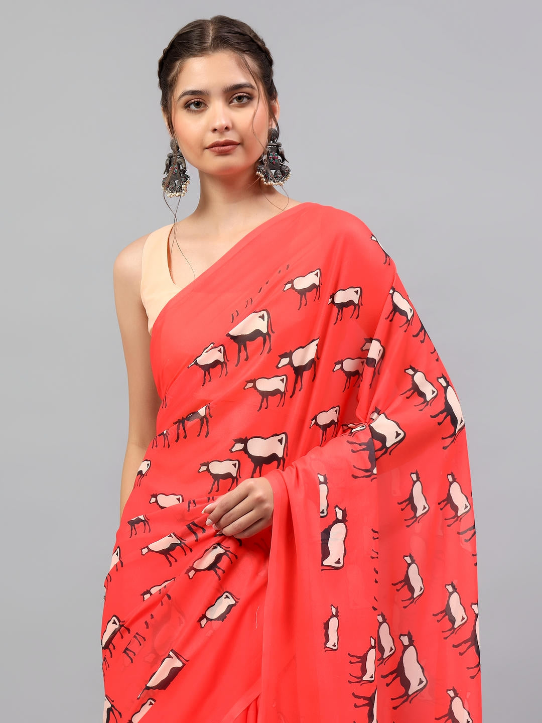 Samantha Classic Red Faux Georgette Saree | Ethnic Geometric Print