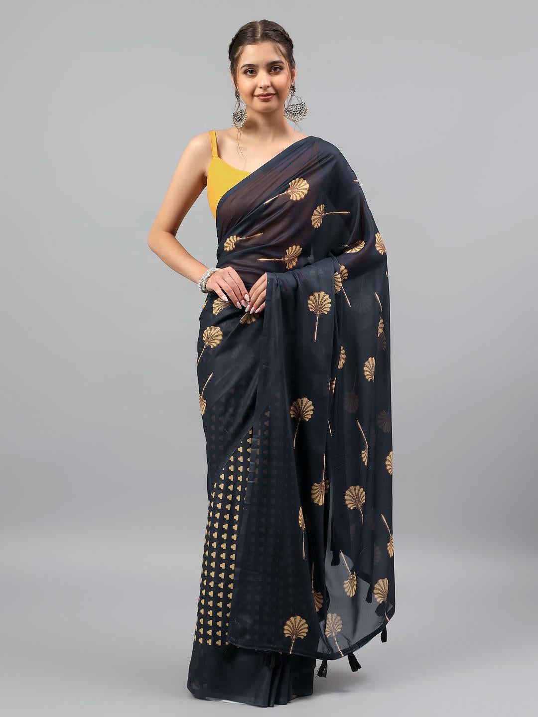 Samantha Midnight Black Faux Georgette Saree | Botanical Floral Print