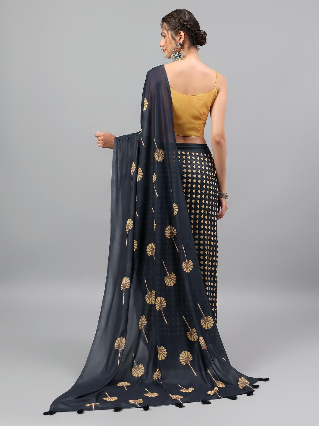 Samantha Midnight Black Faux Georgette Saree | Botanical Floral Print