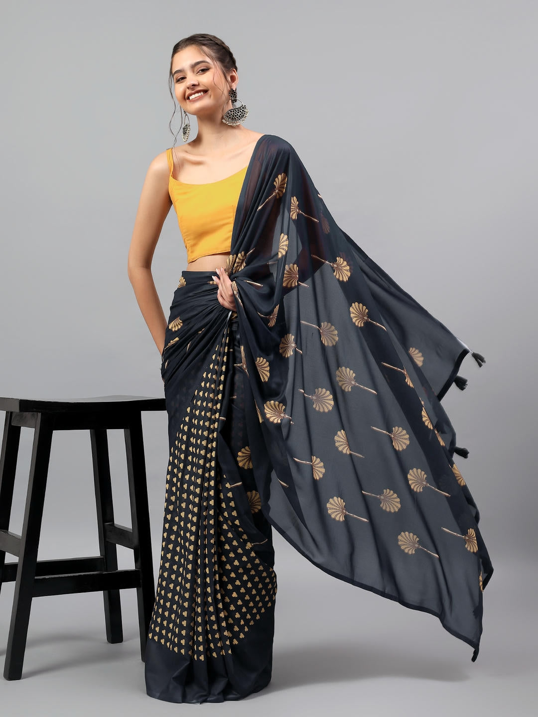 Samantha Midnight Black Faux Georgette Saree | Botanical Floral Print