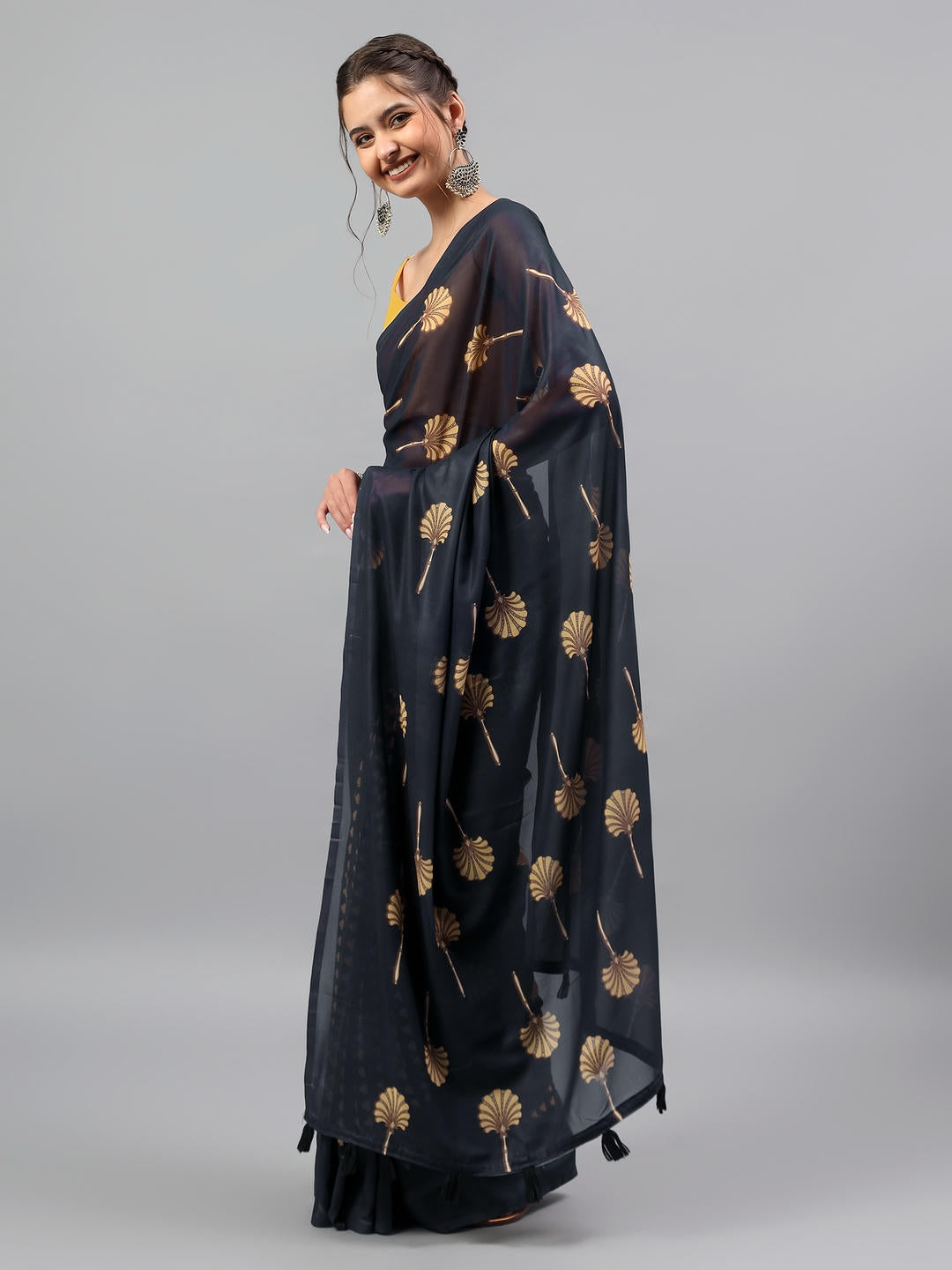 Samantha Midnight Black Faux Georgette Saree | Botanical Floral Print
