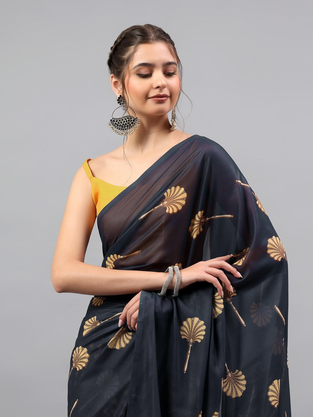 Samantha Midnight Black Faux Georgette Saree | Botanical Floral Print