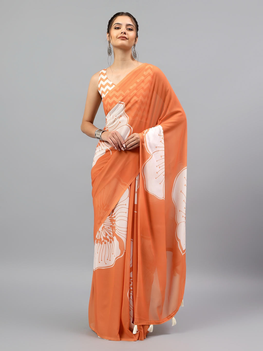 Samantha Tangerine Orange Faux Georgette Saree | Botanical Floral Print