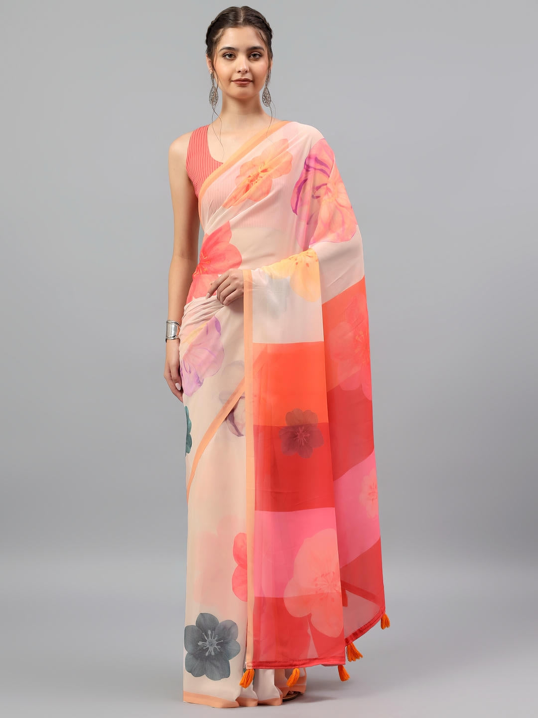 Beautiful woman styled in a cream white faux georgette saree with vintage pastel botanical floral prints by Samantha.