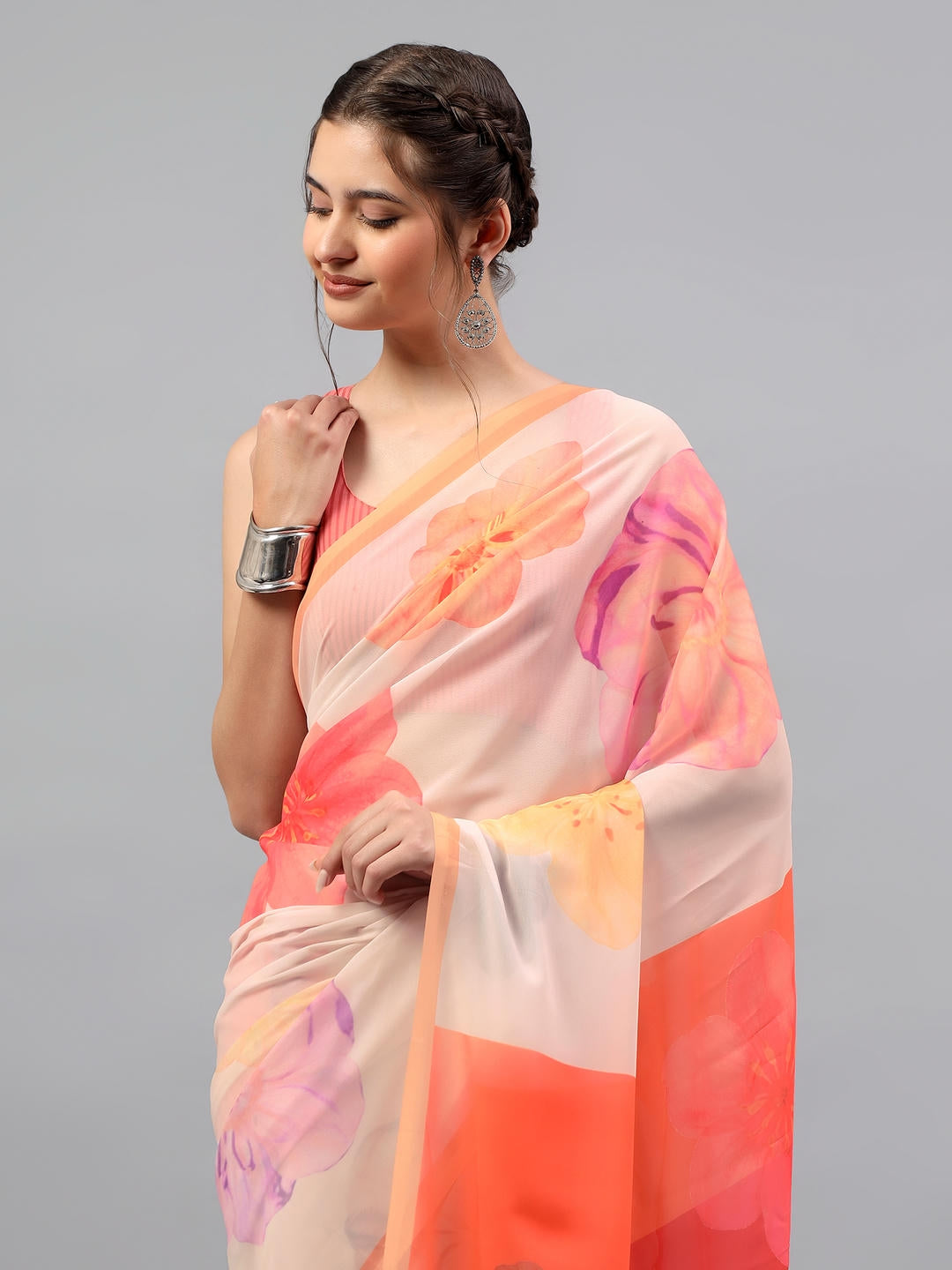 Samantha Cream White Faux Georgette Saree | Vintage Botanical Floral Print