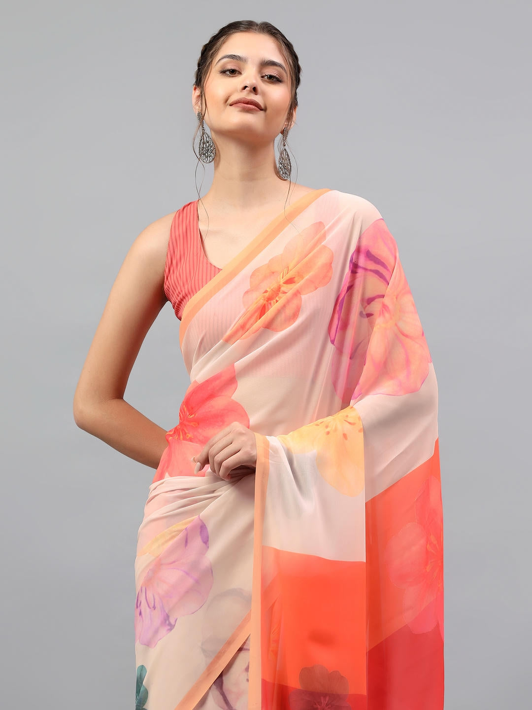 Samantha Cream White Faux Georgette Saree | Vintage Botanical Floral Print