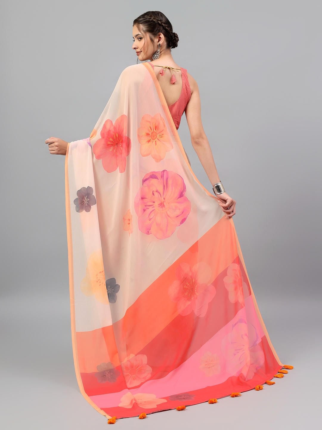 Samantha Cream White Faux Georgette Saree | Vintage Botanical Floral Print