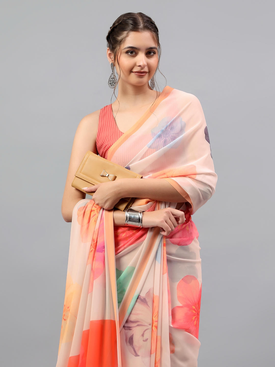 Samantha Cream White Faux Georgette Saree | Vintage Botanical Floral Print