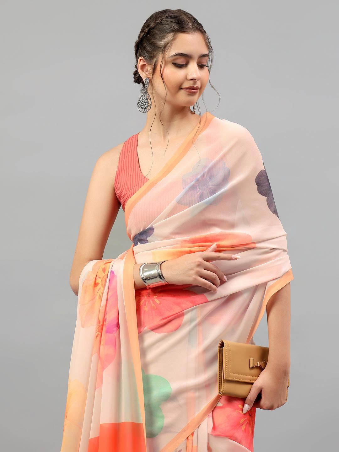 Samantha Cream White Faux Georgette Saree | Vintage Botanical Floral Print