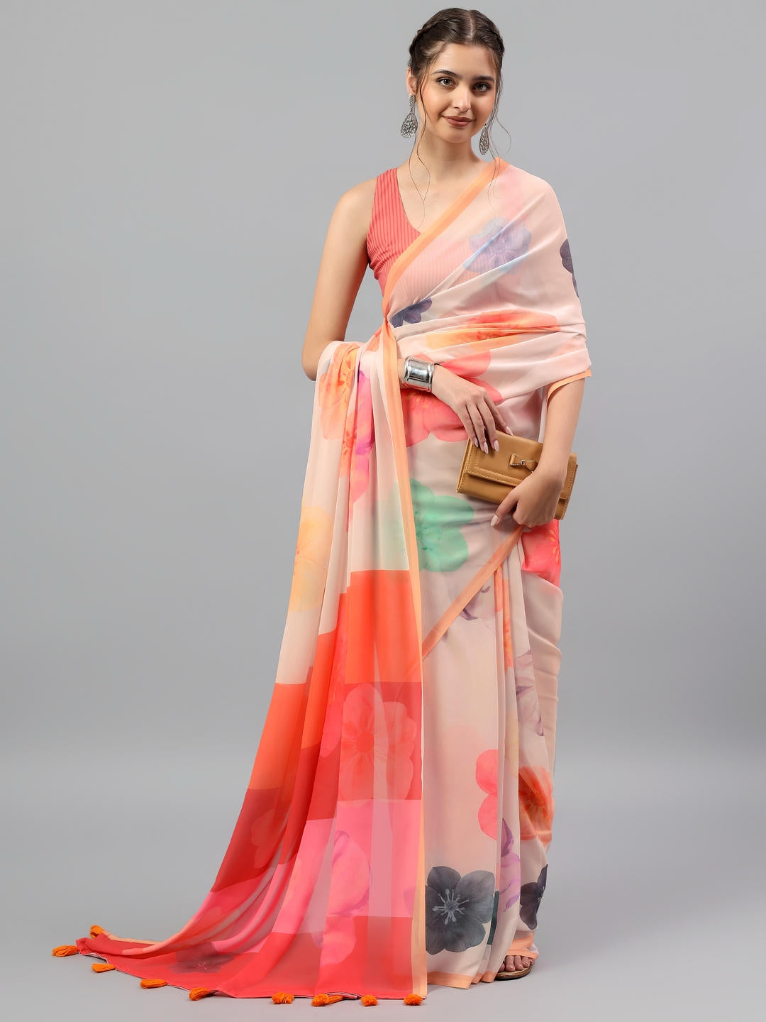 Samantha Cream White Faux Georgette Saree | Vintage Botanical Floral Print