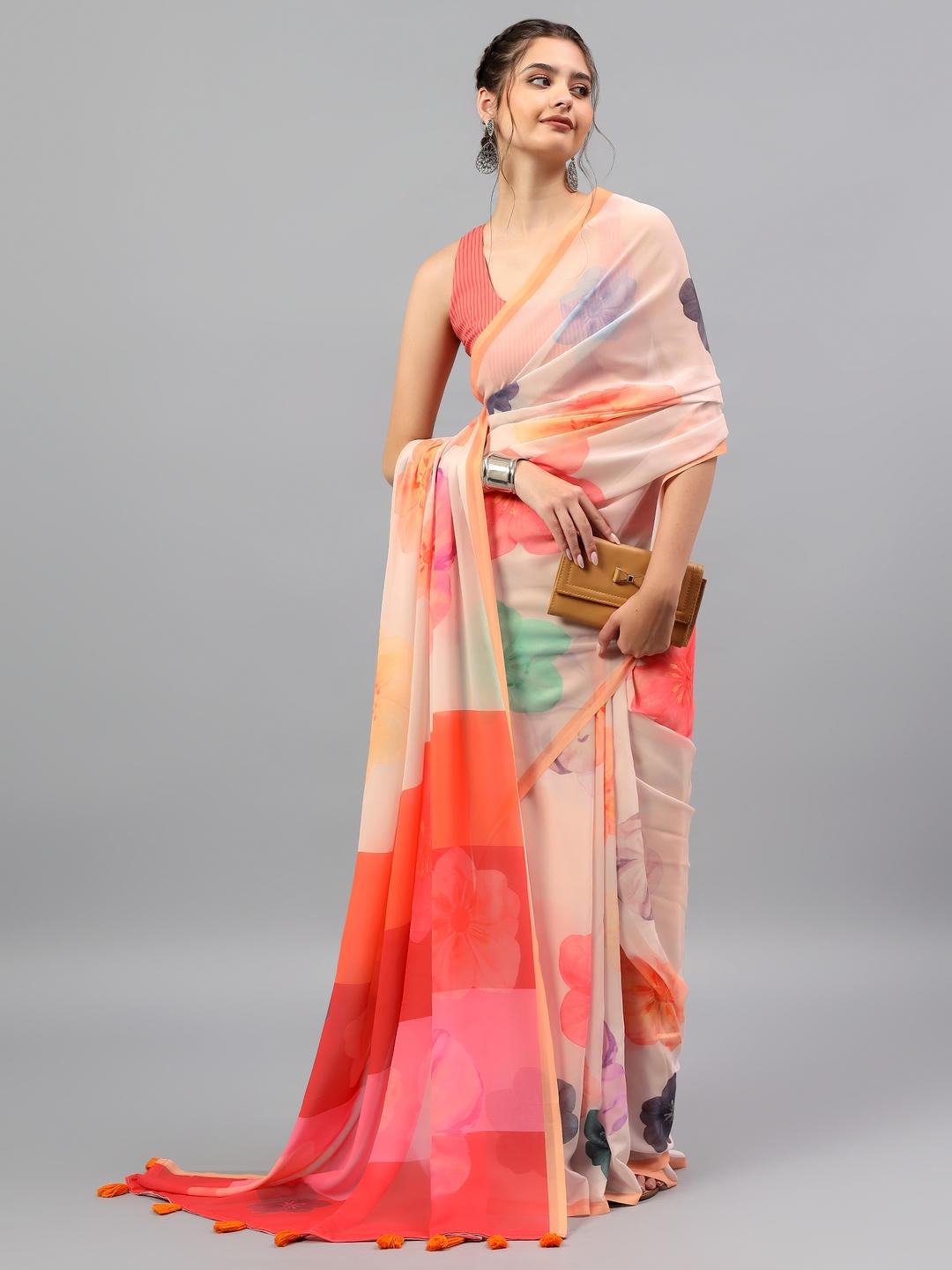 Samantha Cream White Faux Georgette Saree | Vintage Botanical Floral Print