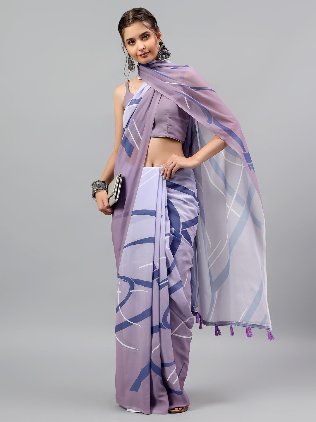 Samantha Ocean Blue & White Faux Georgette Saree | Abstract Print