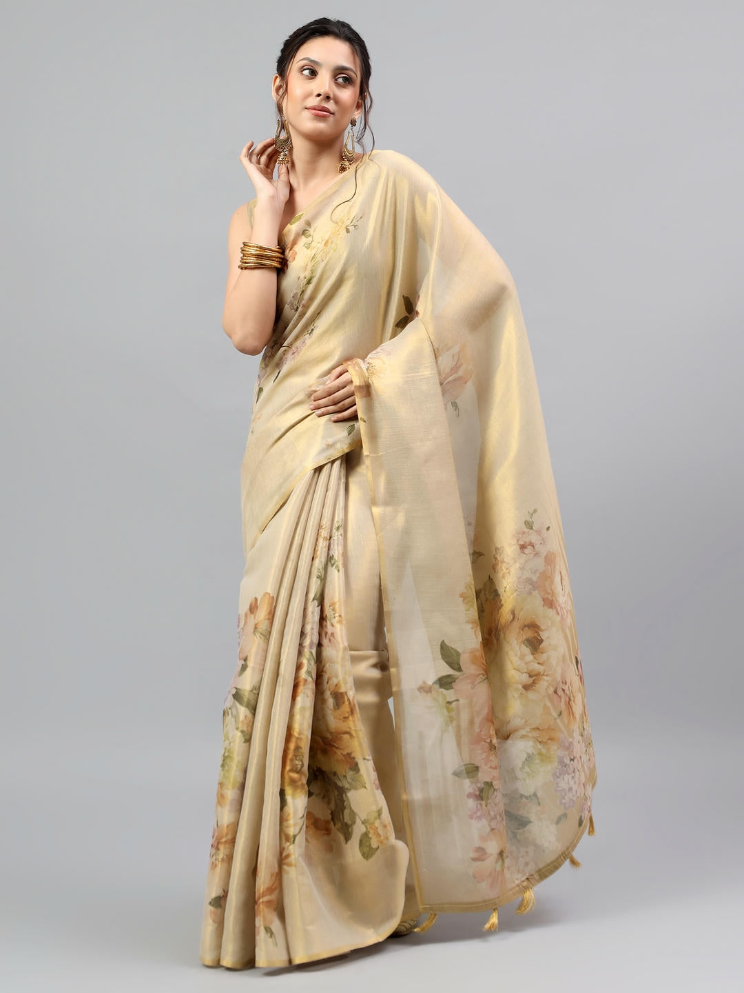 Samantha Champagne Beige Zari Silk Saree | Royal Daytime Drape