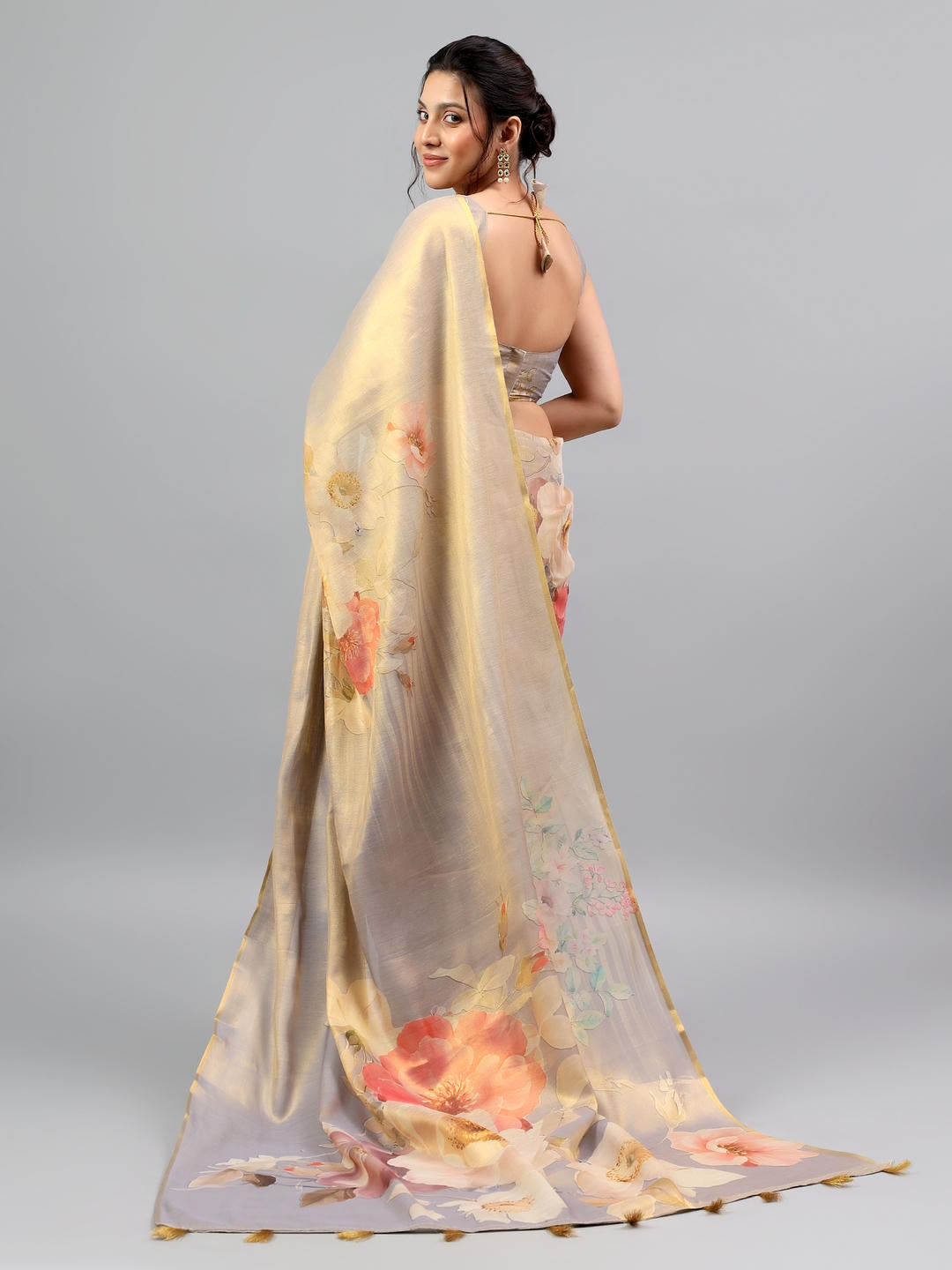 Samantha Beige Grey Zari Silk Saree | Vintage Peacock Contrast