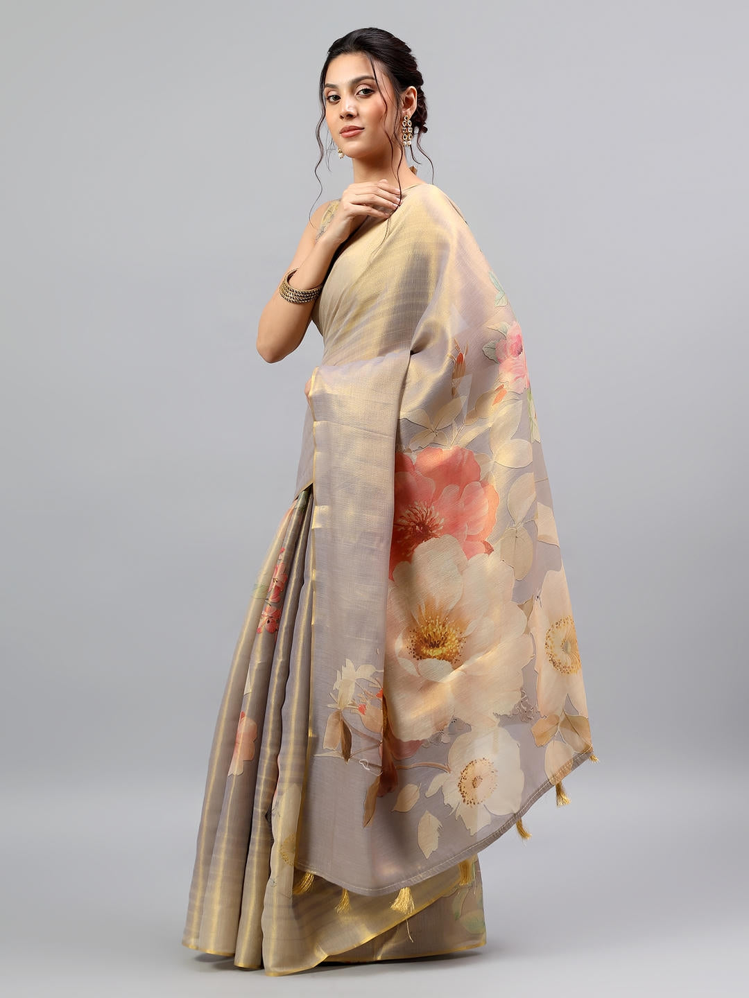 Samantha Beige Grey Zari Silk Saree | Vintage Peacock Contrast
