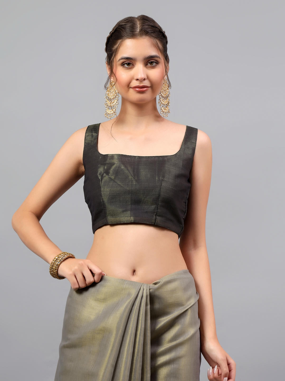 Samantha Jet Black Zari Silk Saree | Golden Beige Glamour Contrast