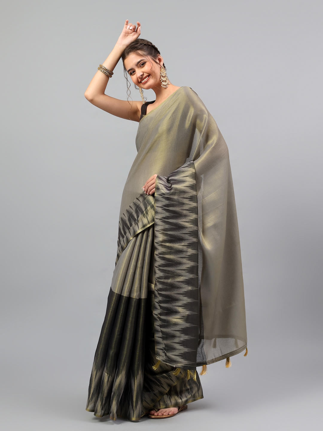 Samantha Jet Black Zari Silk Saree | Golden Beige Glamour Contrast