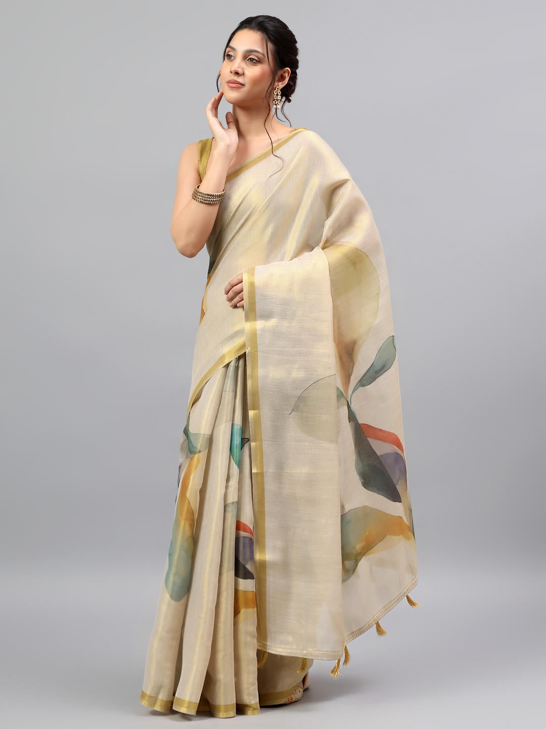 Samantha Cream Beige Zari Silk Saree | Regal Purple Contrast