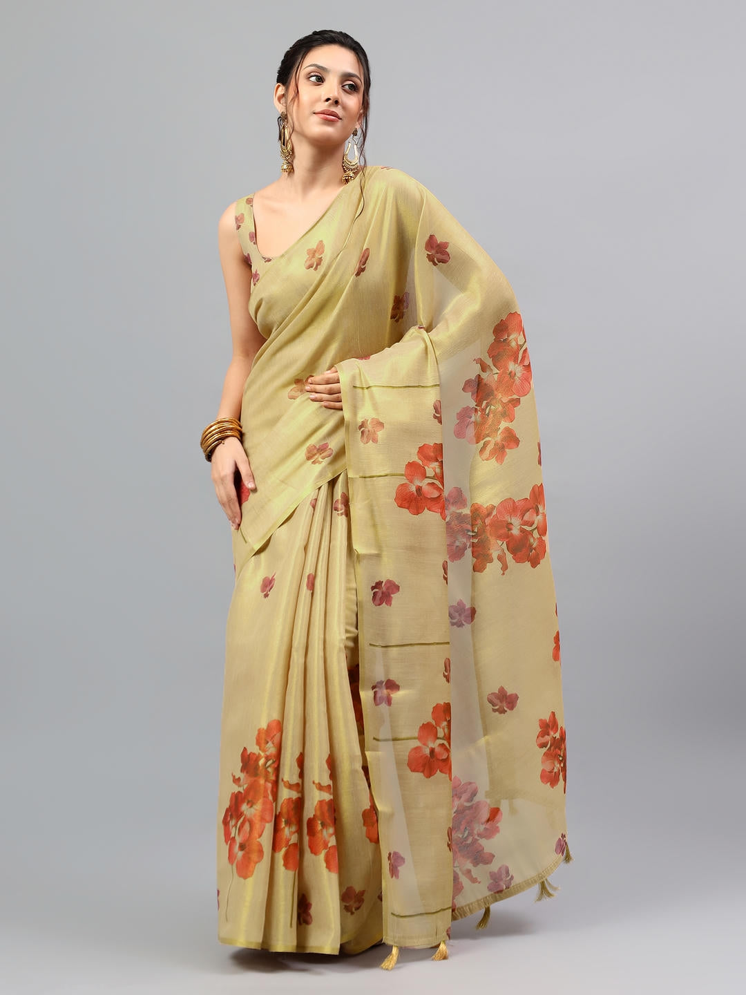 Samantha Gold Beige Zari Silk Saree | Regal Wine Contrast