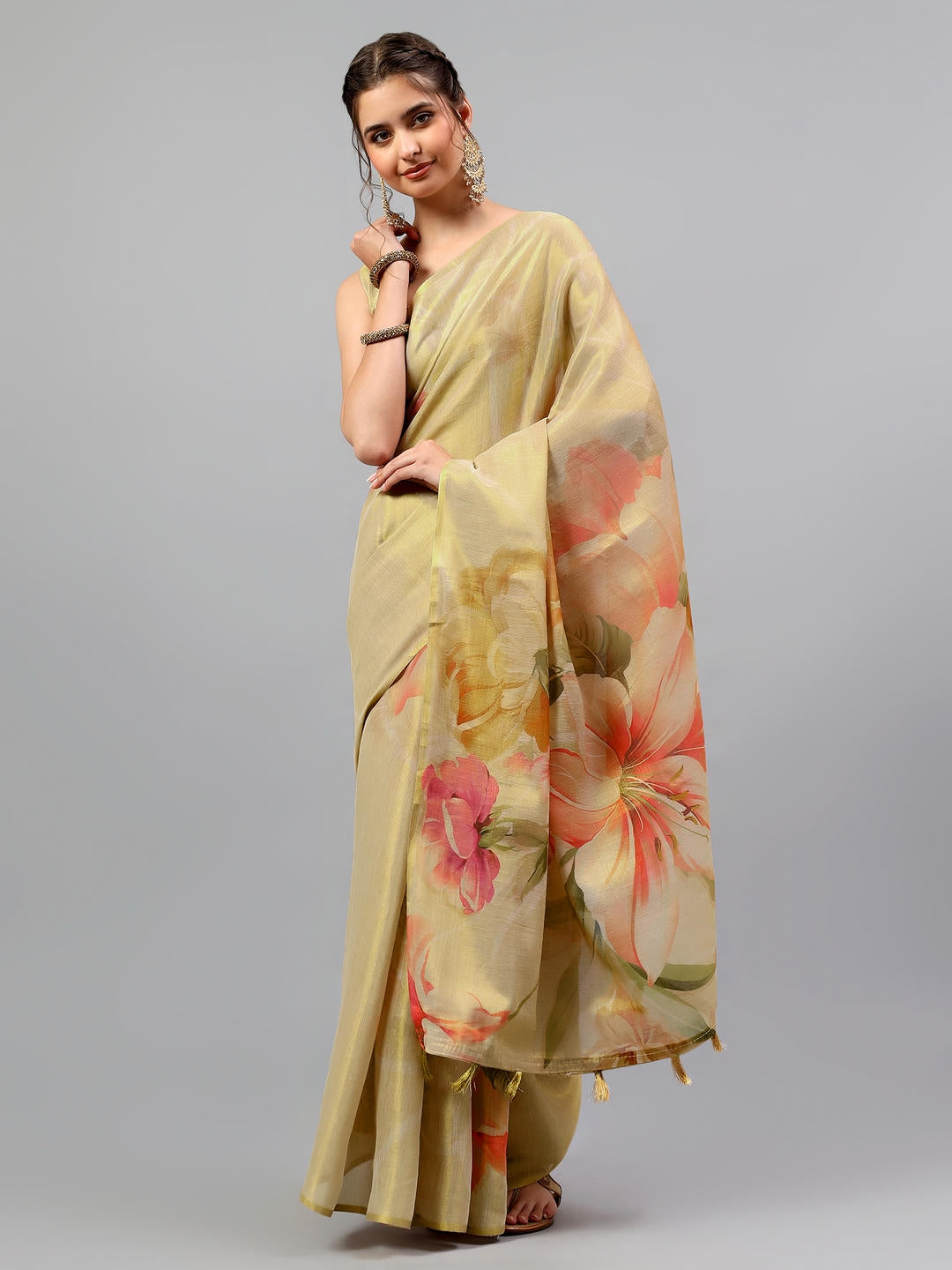 Samantha Pure Gold Zari Silk Saree | Modern Heritage Emerald Contrast