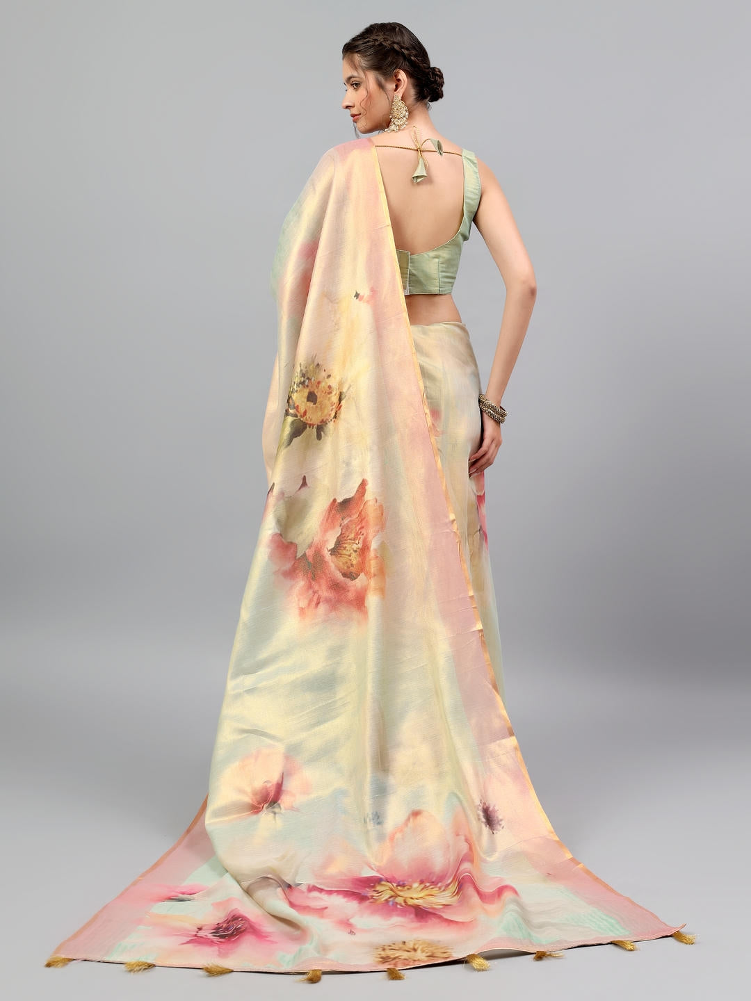 Samantha Pastel Pink Zari Silk Saree | Emerald Green Contrast