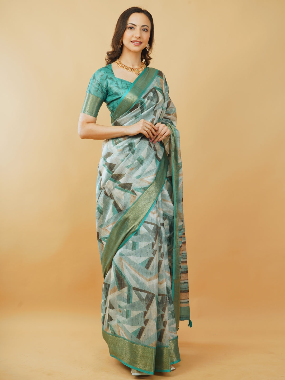 Teal and Grey Geometric Print Saree with Dull Gold Zari Border