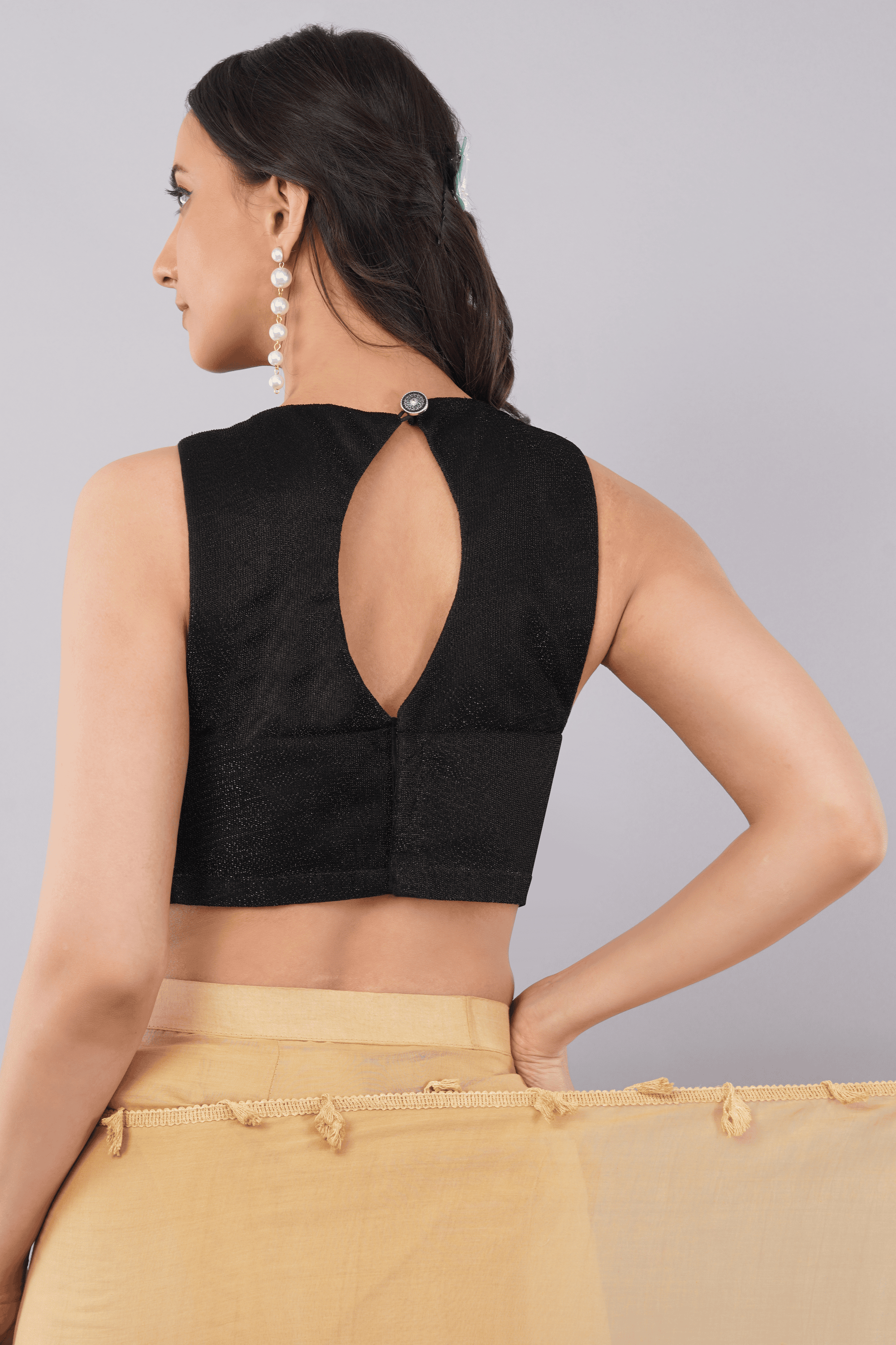 Black Shimmer High Neck Sleeveless Blouse with Keyhole Back