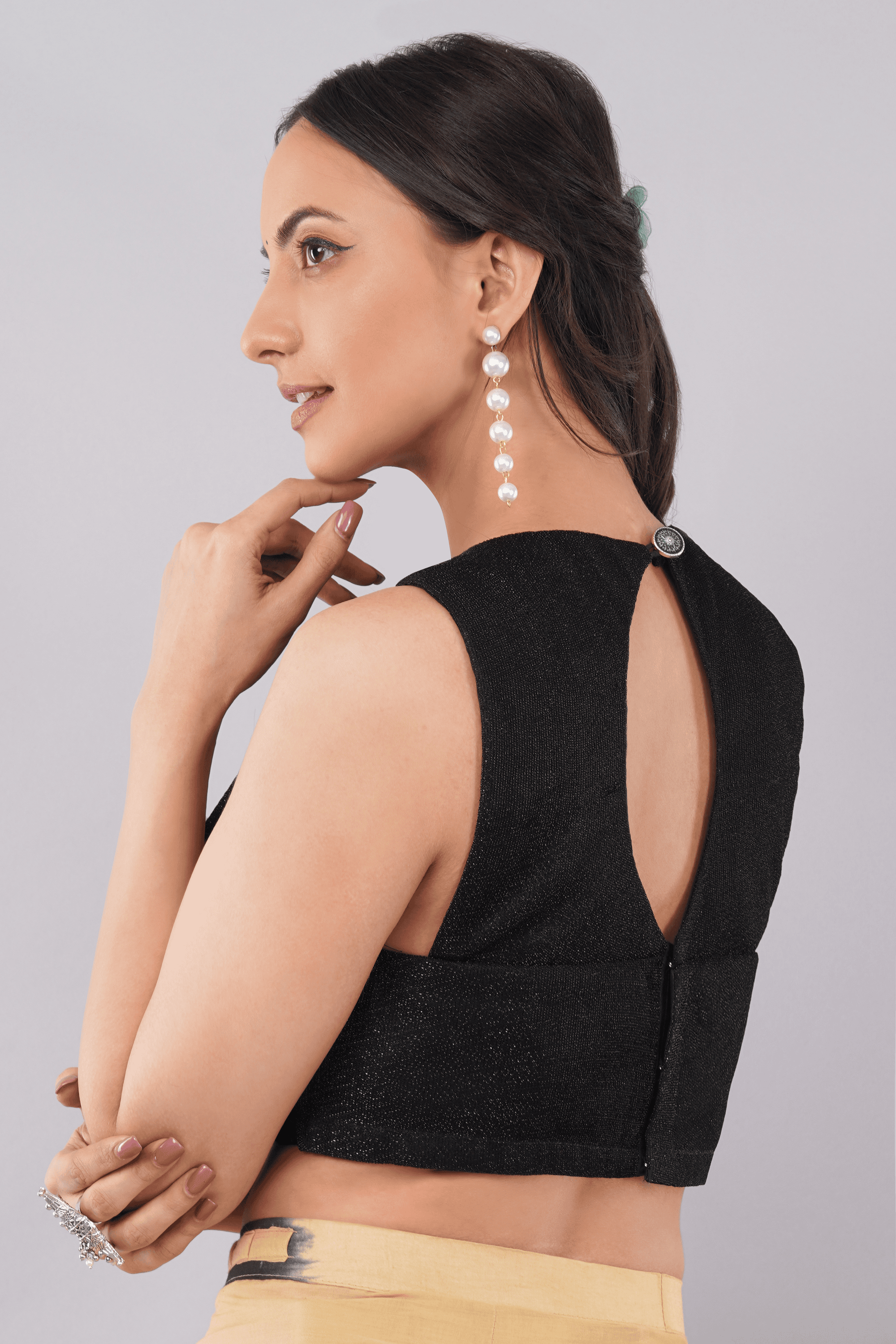 Black Shimmer High Neck Sleeveless Blouse with Keyhole Back