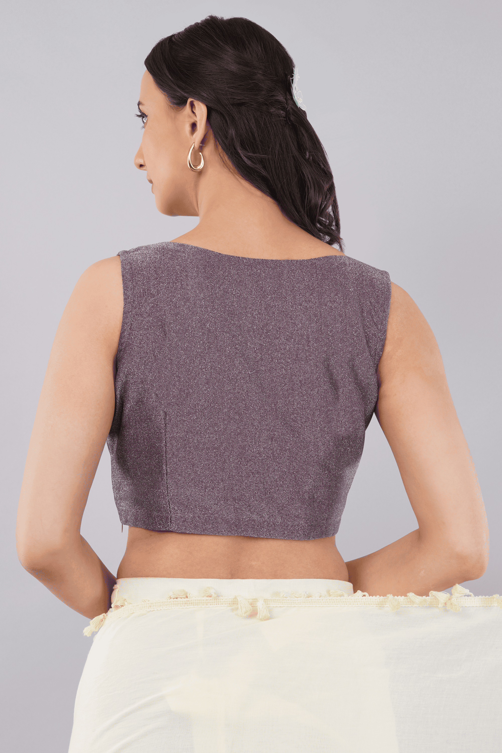 Mauve Purple Shimmer Sleeveless Blouse with Front Twist Knot