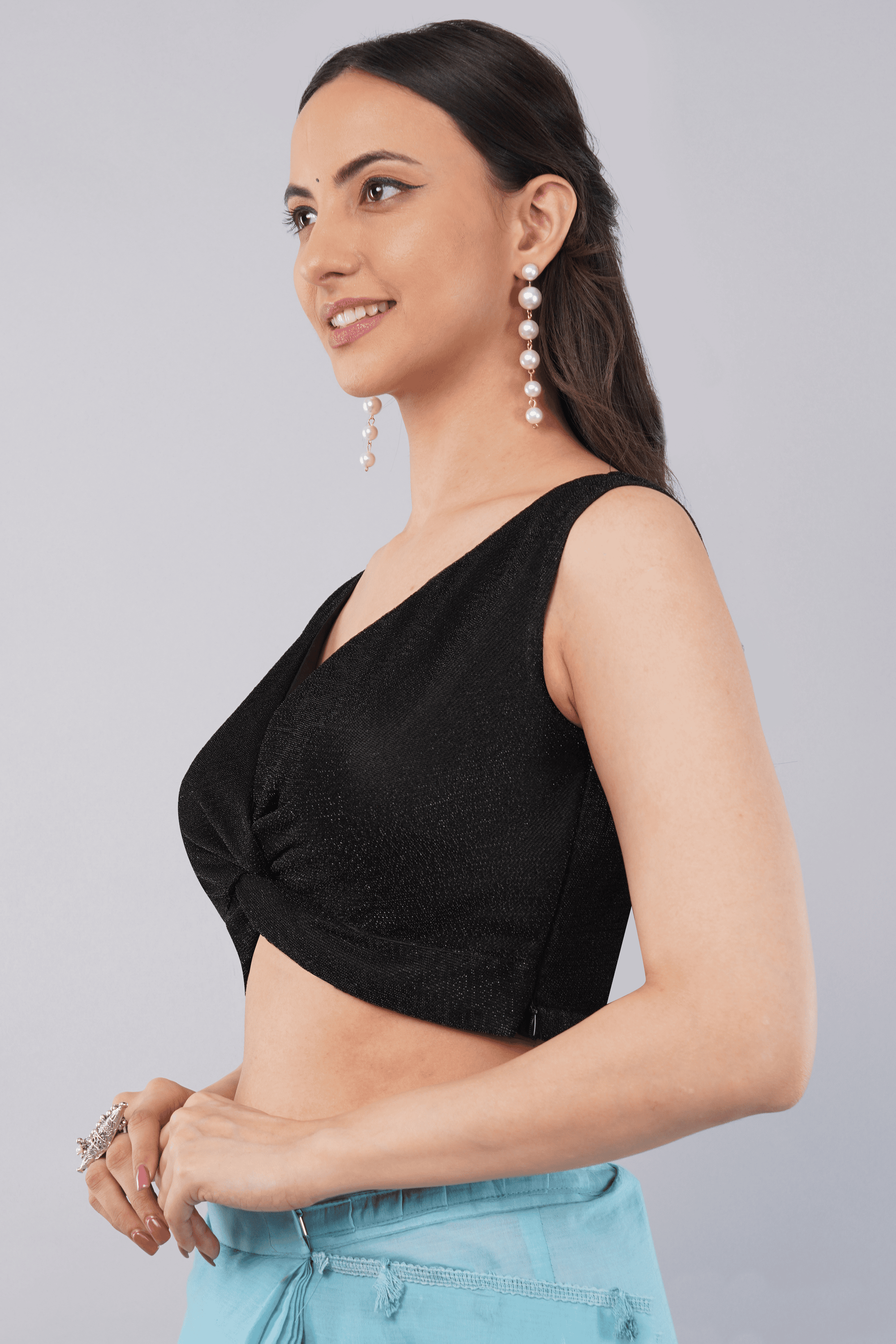 Black Shimmer Sleeveless Blouse with Trendy Twist Knot