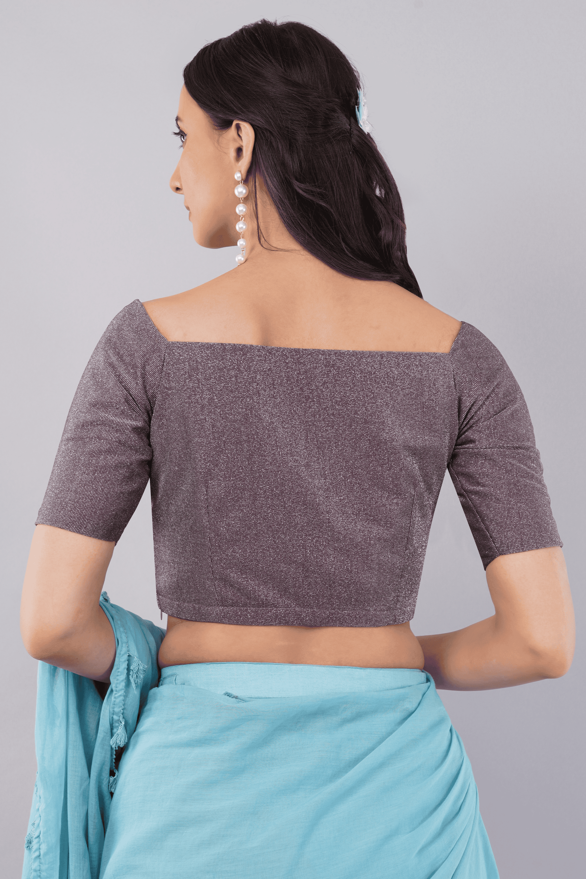Mauve Purple Shimmer Blouse with Sweetheart Neck and Elbow Sleeves