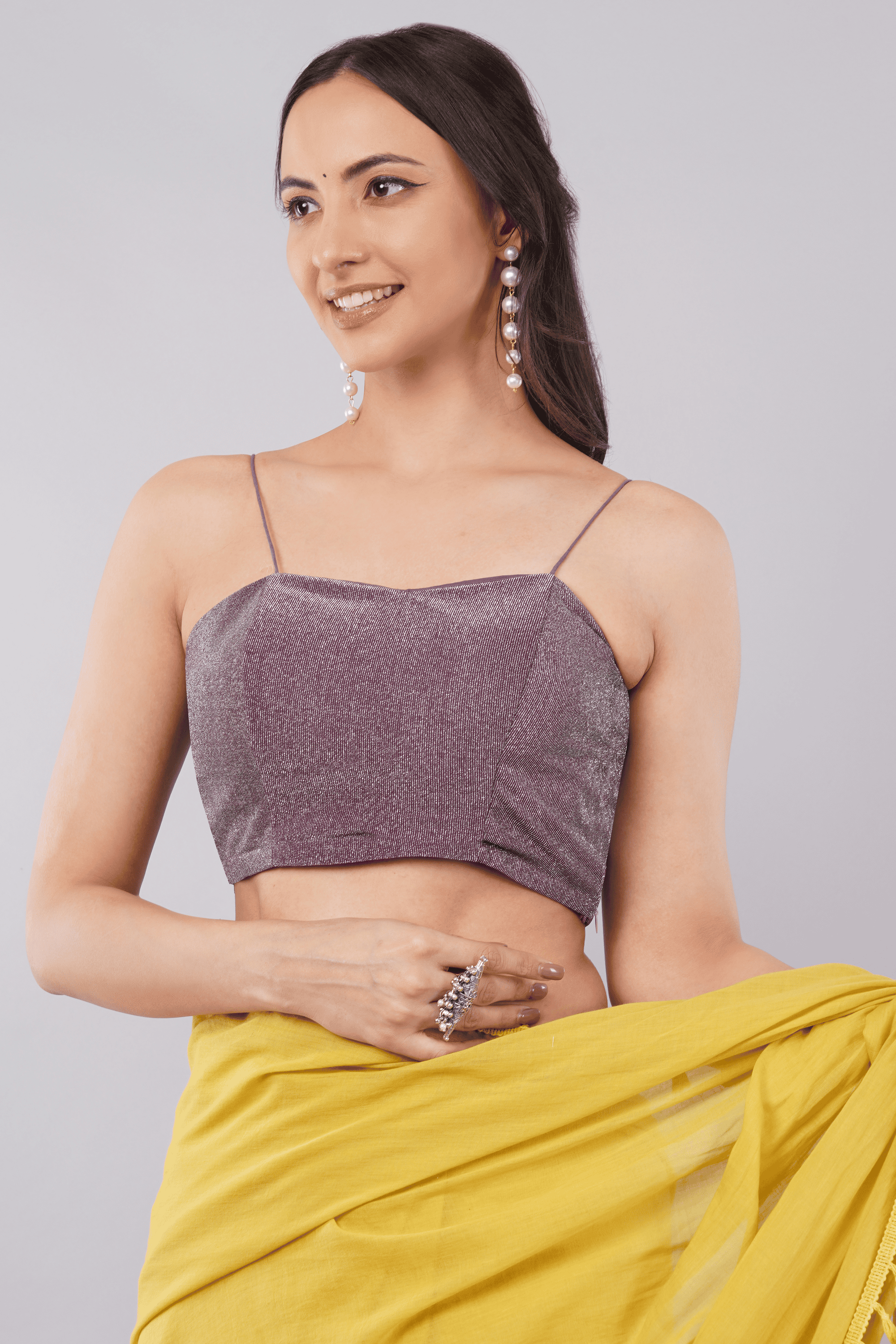 Purple Shimmer Spaghetti Strap Blouse with Straight Neck