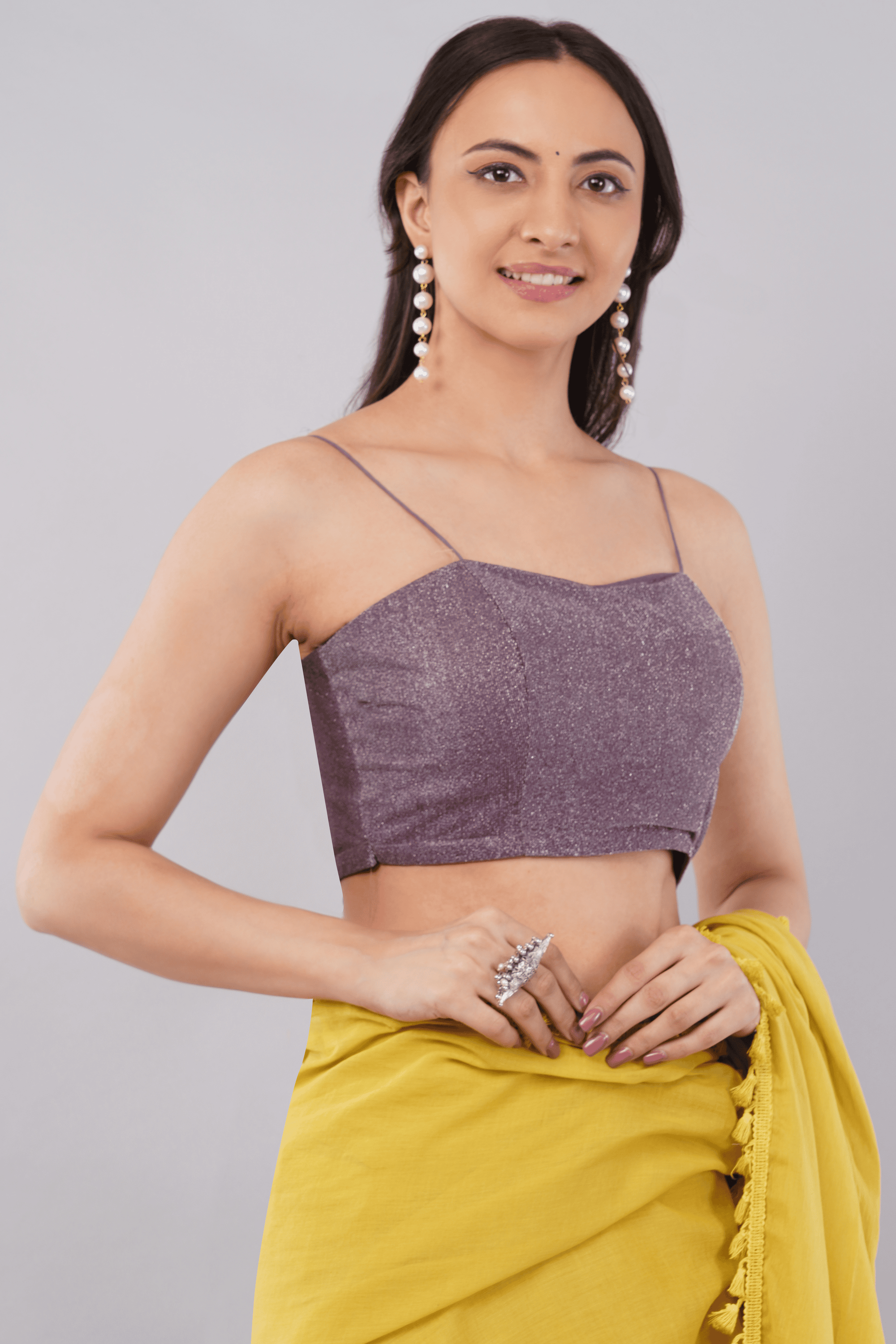 Purple Shimmer Spaghetti Strap Blouse with Straight Neck