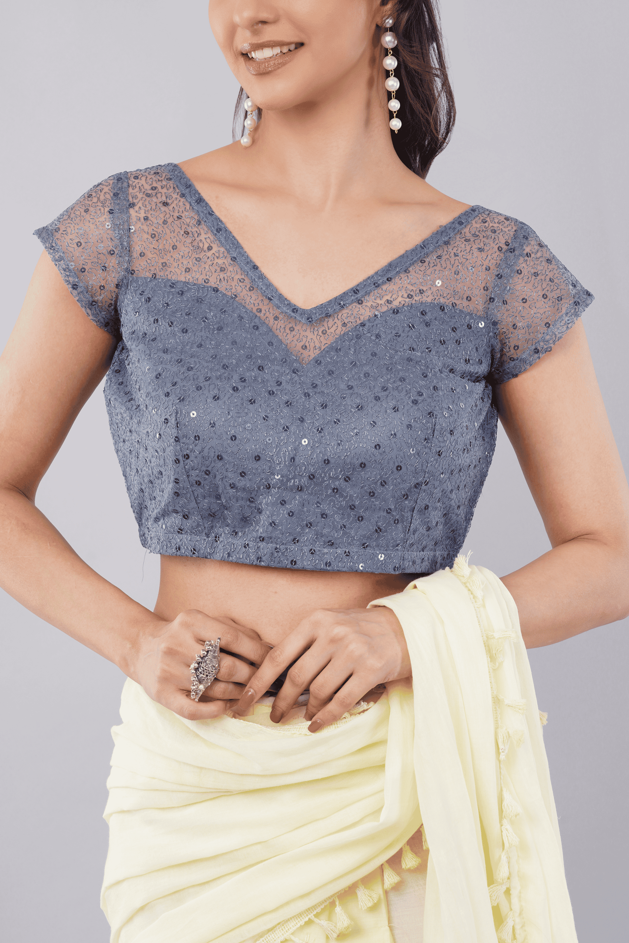 Silver Grey Sequin Net Blouse with Sheer Illusion Neckline
