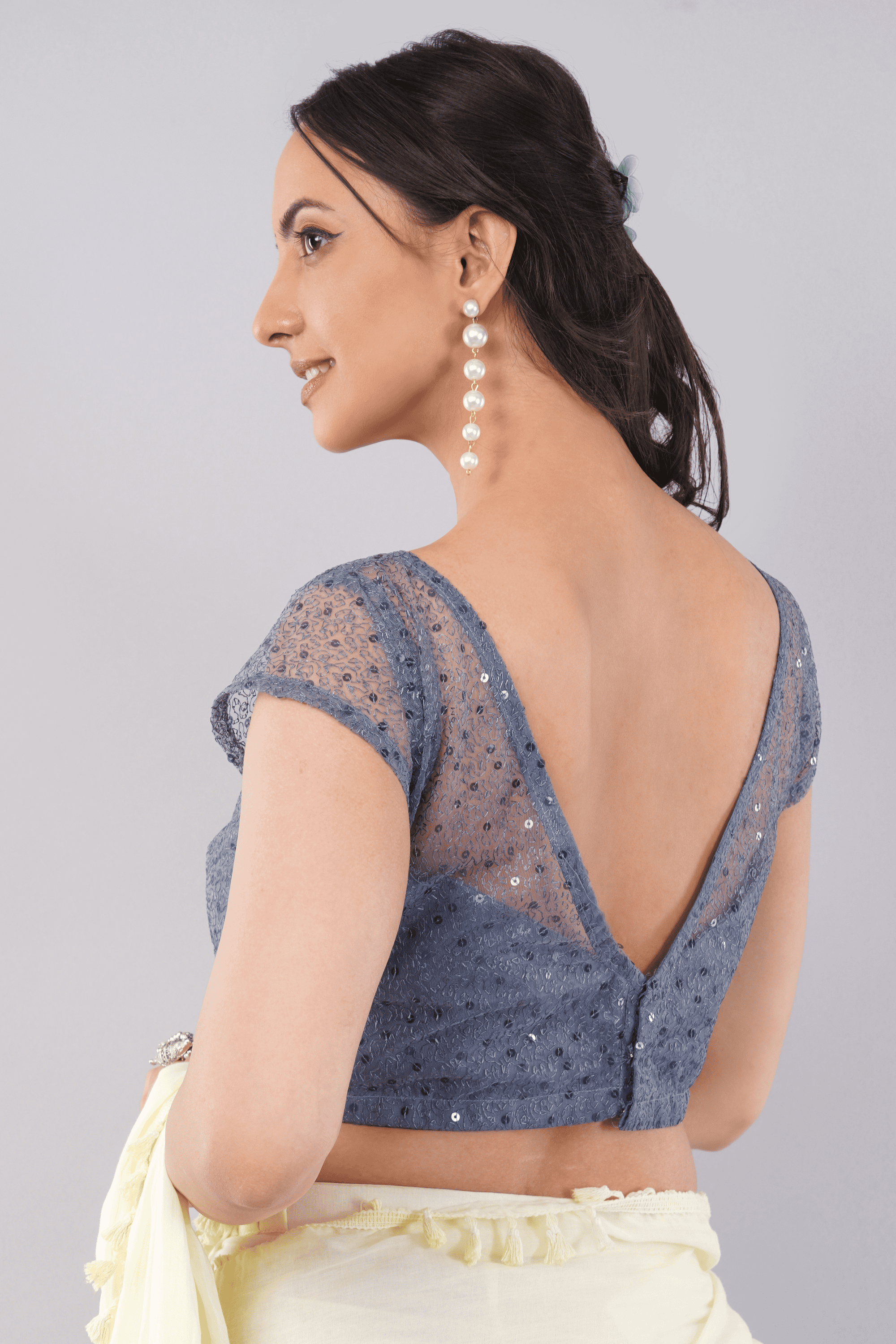 Silver Grey Sequin Net Blouse with Sheer Illusion Neckline
