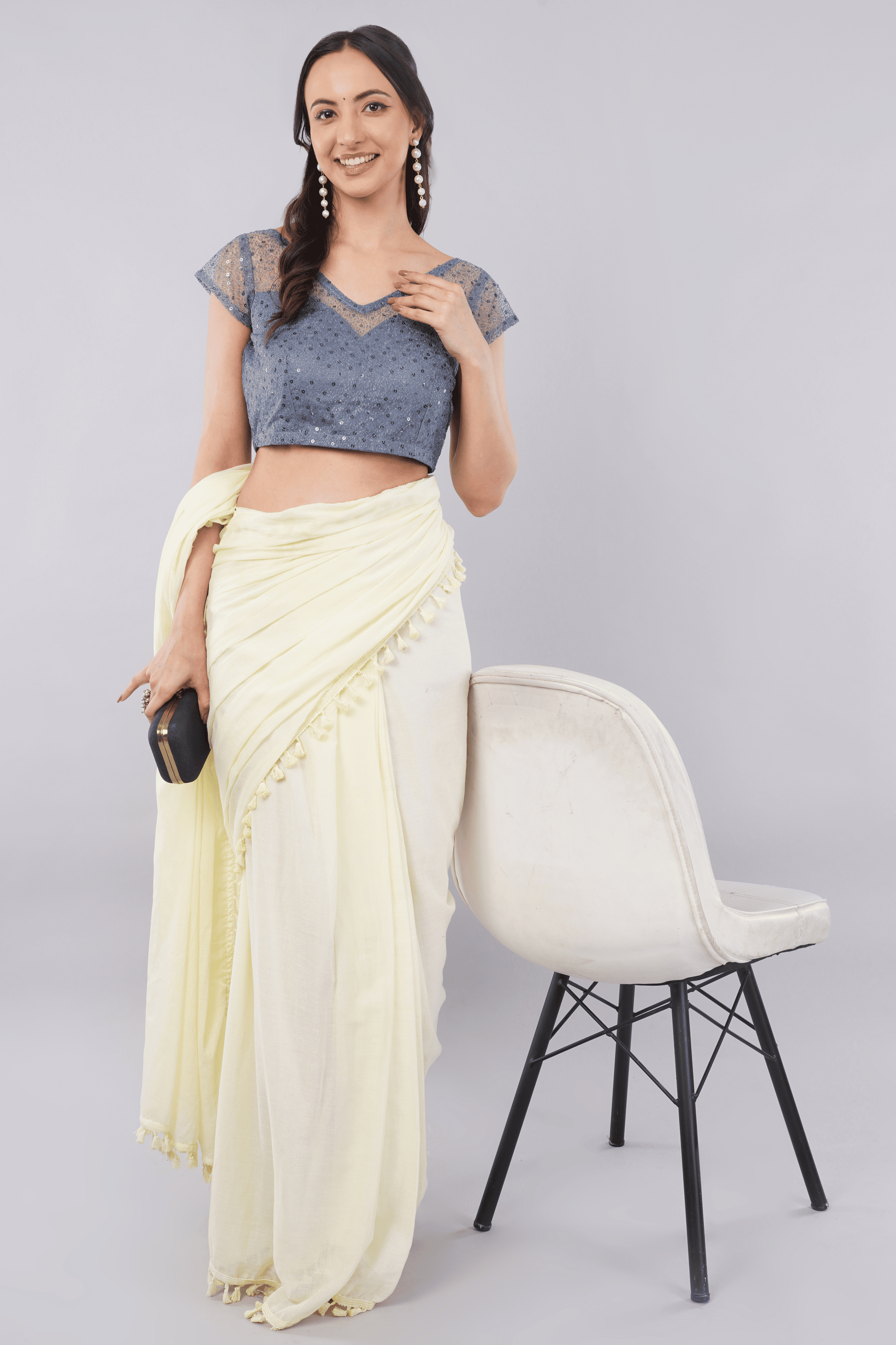 Silver Grey Sequin Net Blouse with Sheer Illusion Neckline