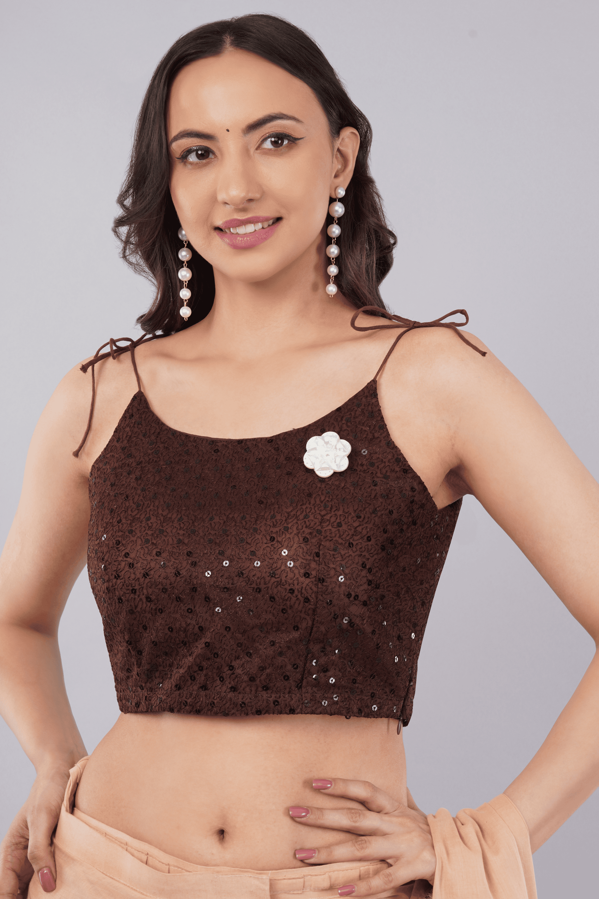 Coffee Brown Sequin Net Blouse with Tie-Up Spaghetti Straps