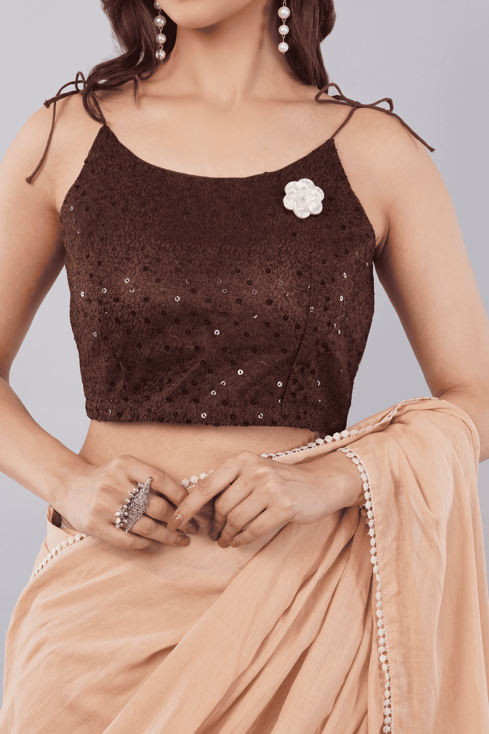 Coffee Brown Sequin Net Blouse with Tie-Up Spaghetti Straps