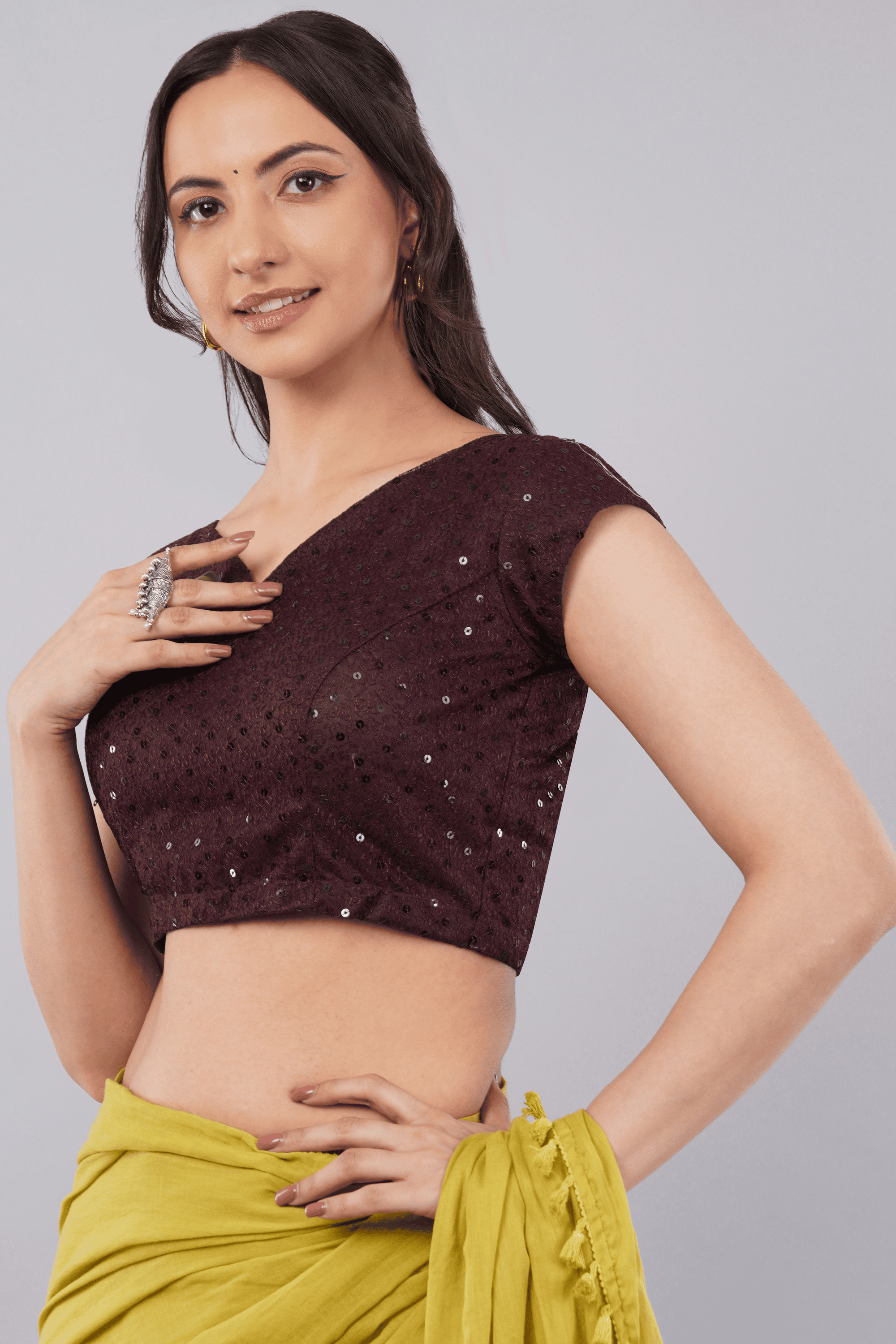 Claret Wine Sequin Net Blouse with V-Neck and Cap Sleeves