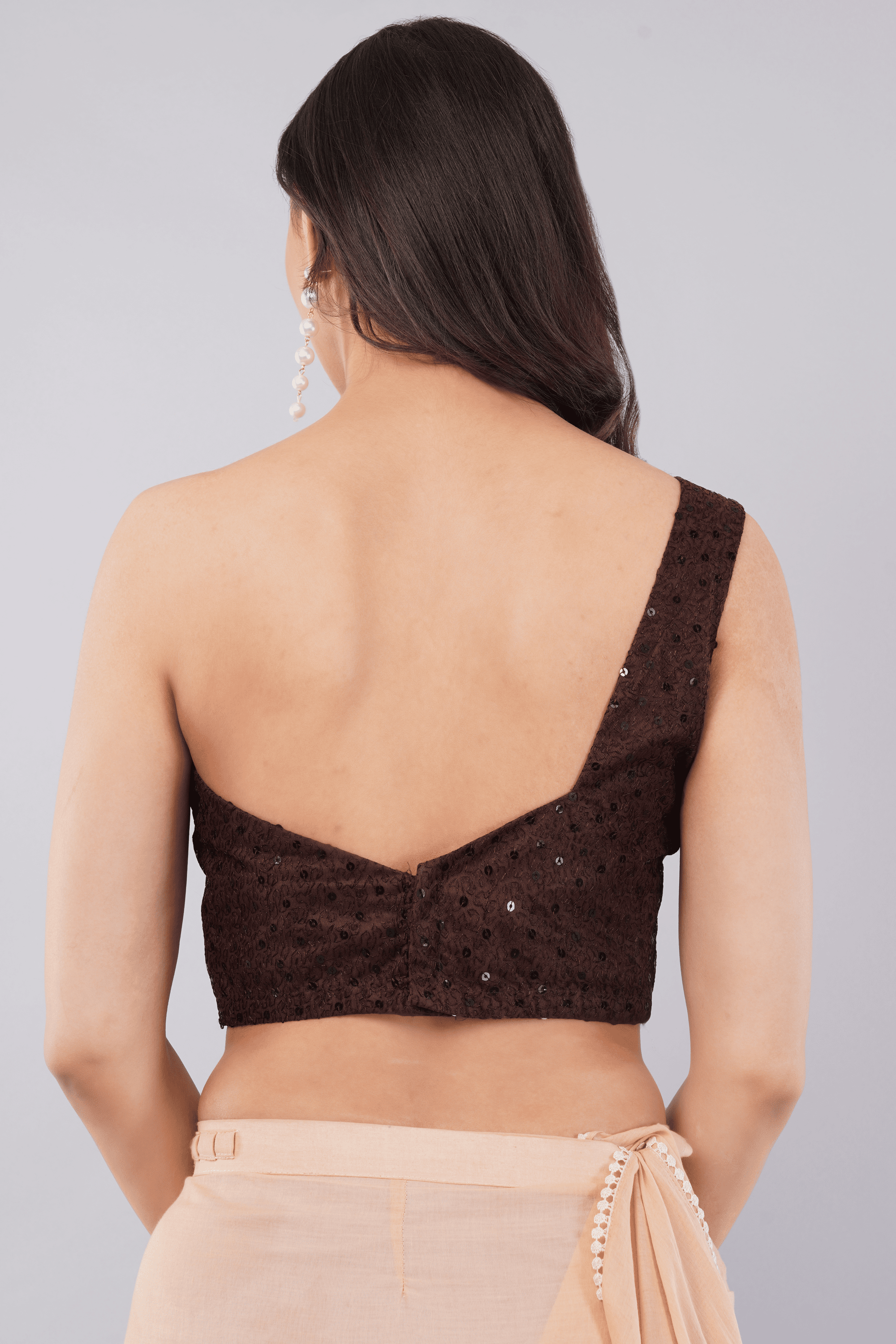 Claret Wine Sequin Net One-Shoulder Readymade Blouse