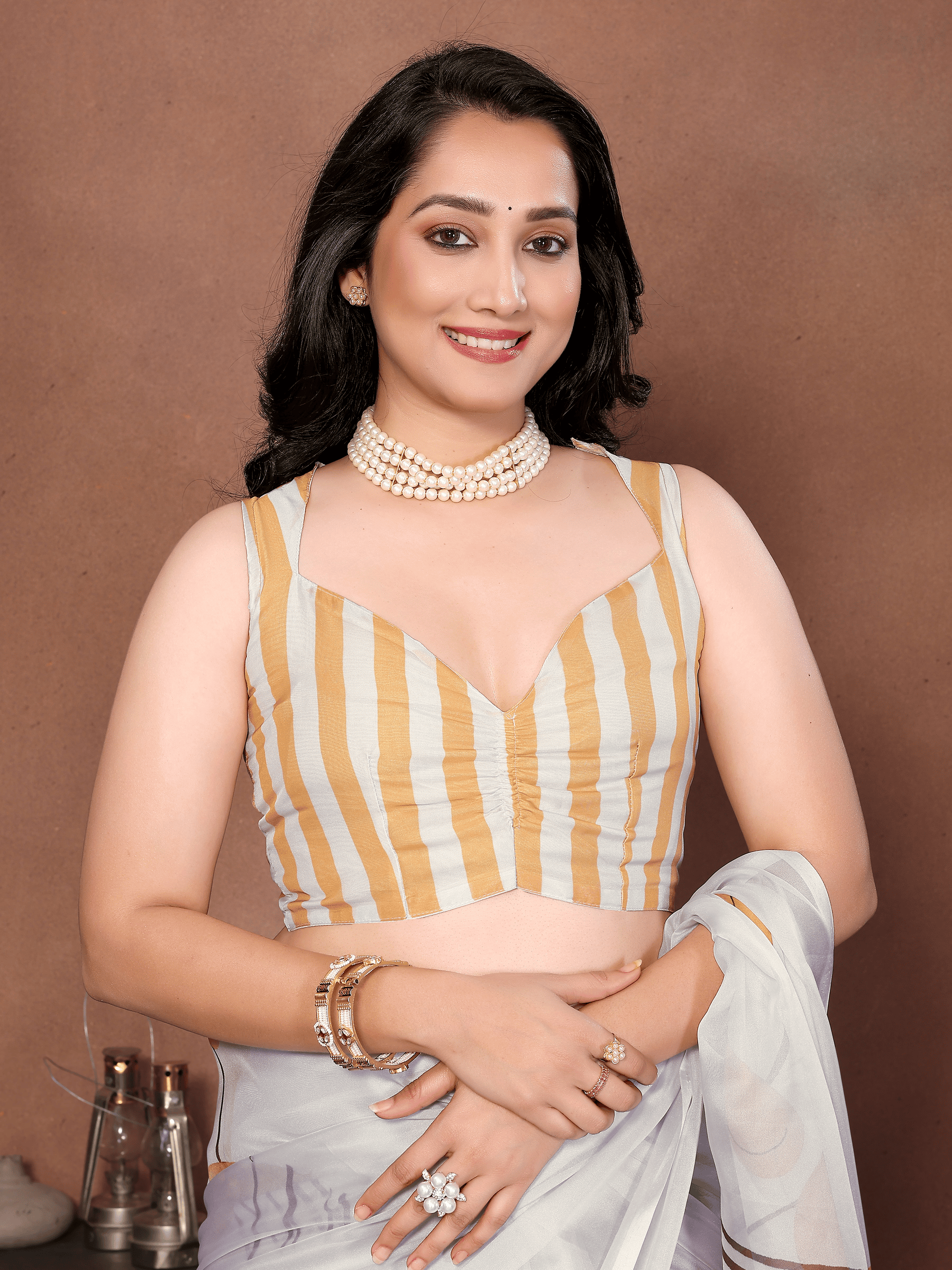 Off-White Botanical Leaf Print Saree with Mustard Piping and Ruched Sleeveless Blouse