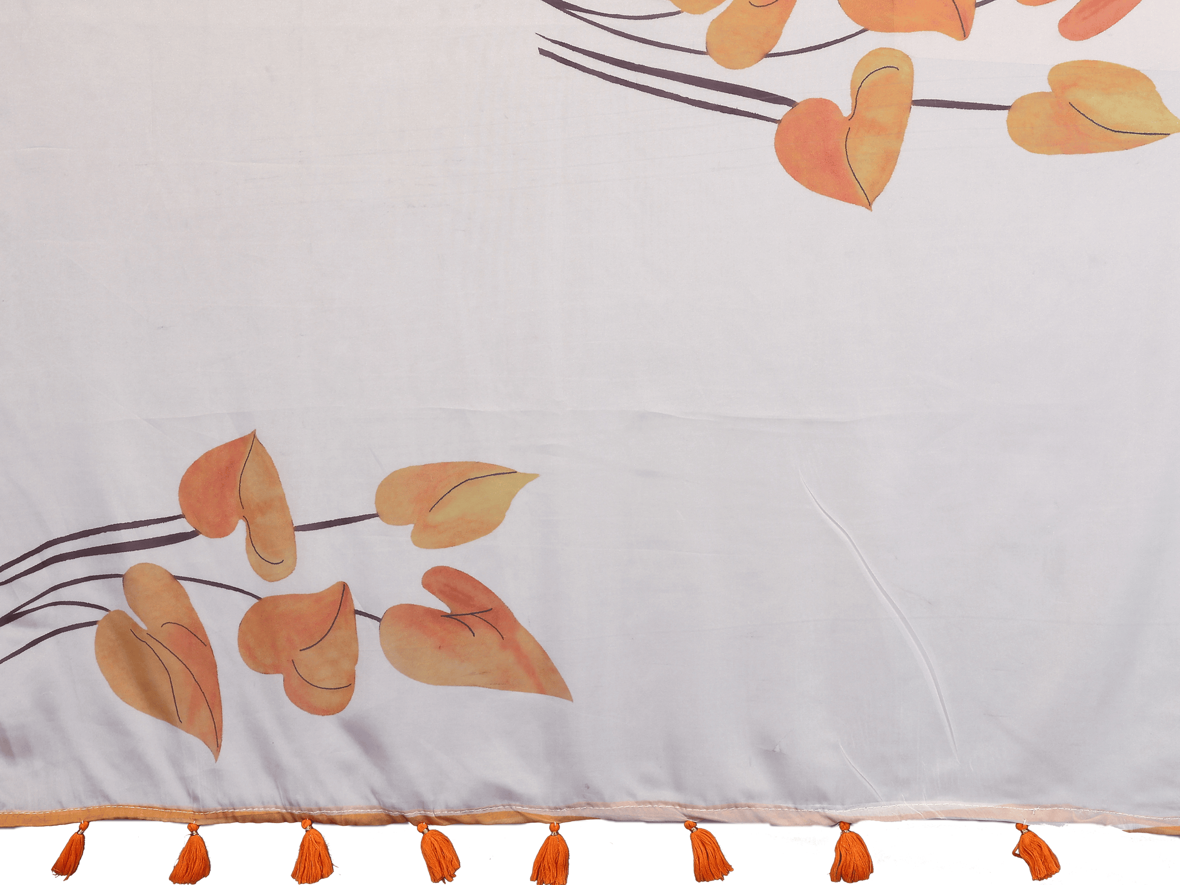 Off-White Botanical Leaf Print Saree with Mustard Piping and Ruched Sleeveless Blouse